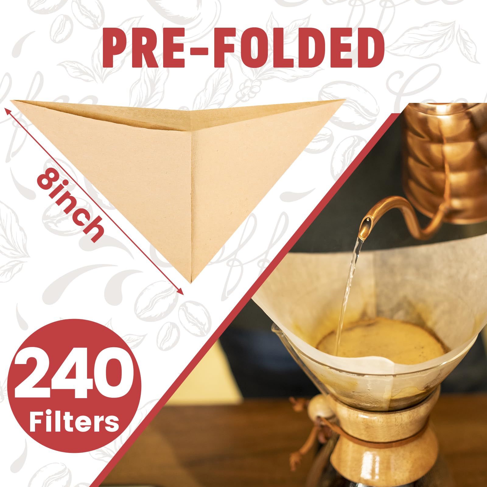 Filtros de café cónicos preplegados sin blanquear – Papel grueso importado de Canadá de alta calidad, compatible con cafeteras CHEMEX (240)