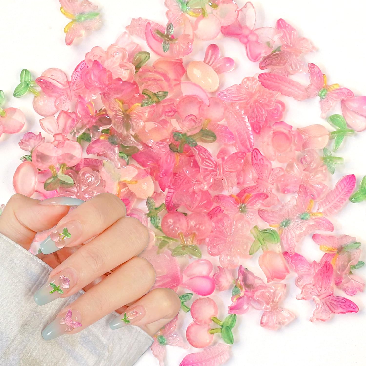JERCLITY Nail Charms, 1 Bag (Approx 100pcs) Resin Pink, 3D Flower, Butterfly, Bowknot, Peach, Cherry, Moon, Bunny Design, for Acrylic Nails(Style