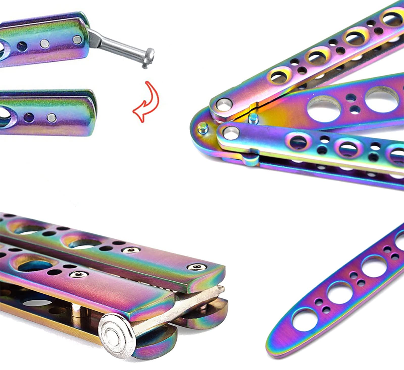 Navaja Mariposa Arcoíris de Entrenamiento, Metal Desafilado, Plegable Sin Afilar