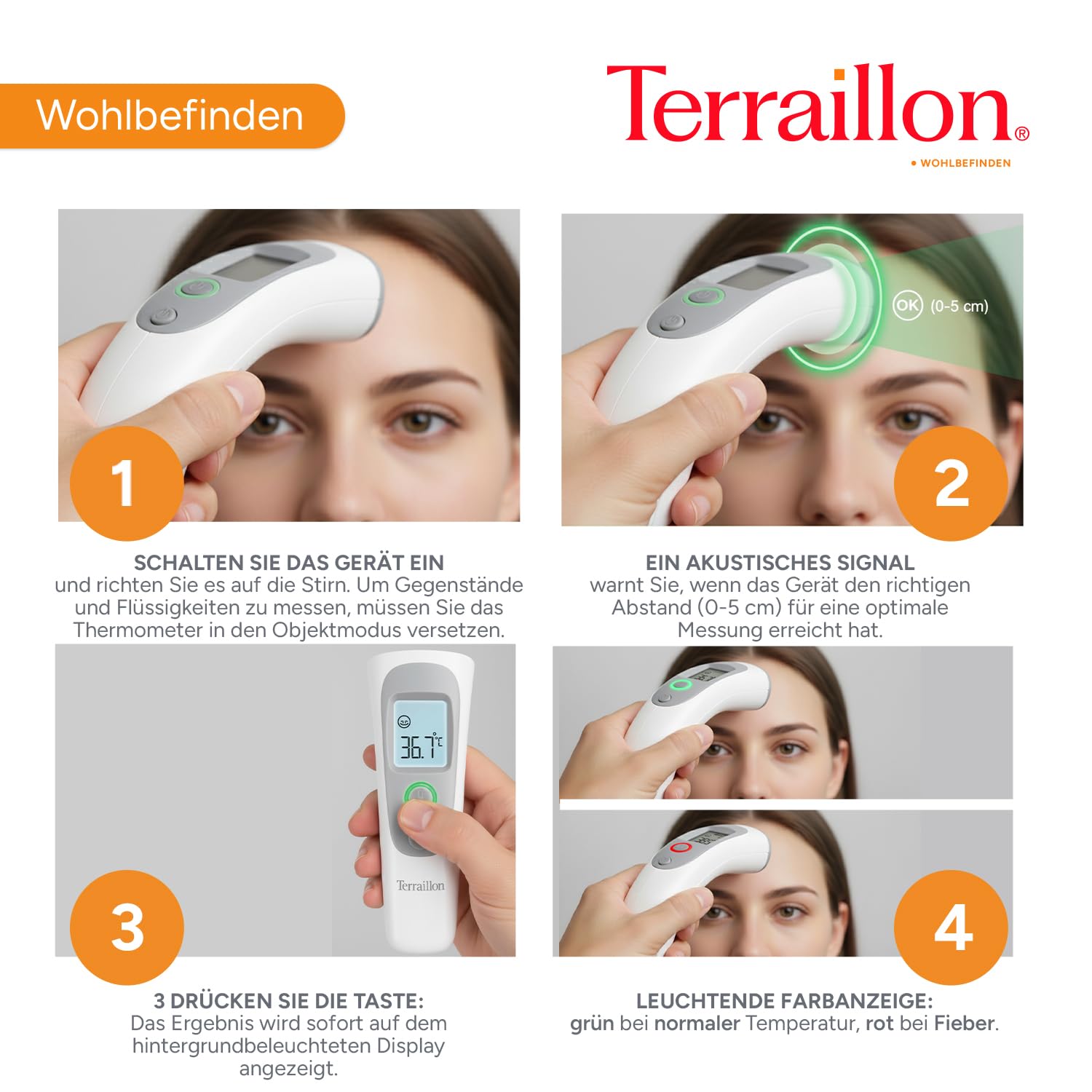 TERRAILLON Kontaktloses Infrarot-Thermometer – Für Erwachsene und Babys – Misst Temperatur von Körper/Objekten/Flüssigkeiten/Umgebungsluft – Speichert die letzten 9 Messungen – Weiß/Grau