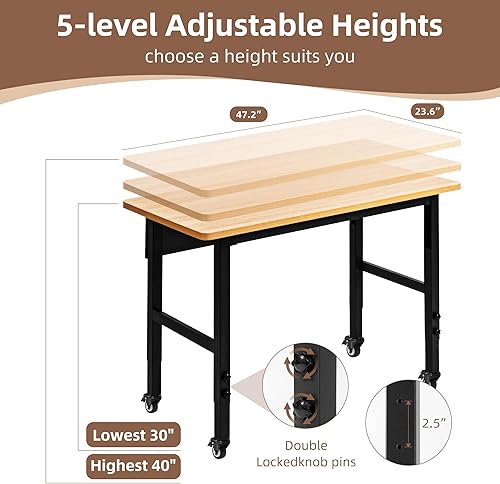 Miniatura 2 de Banco de trabajo ajustable de 48 pulgadas con ruedas, mesa de trabajo rodante para garaje, banco de trabajo de madera dura de capacidad de 2000