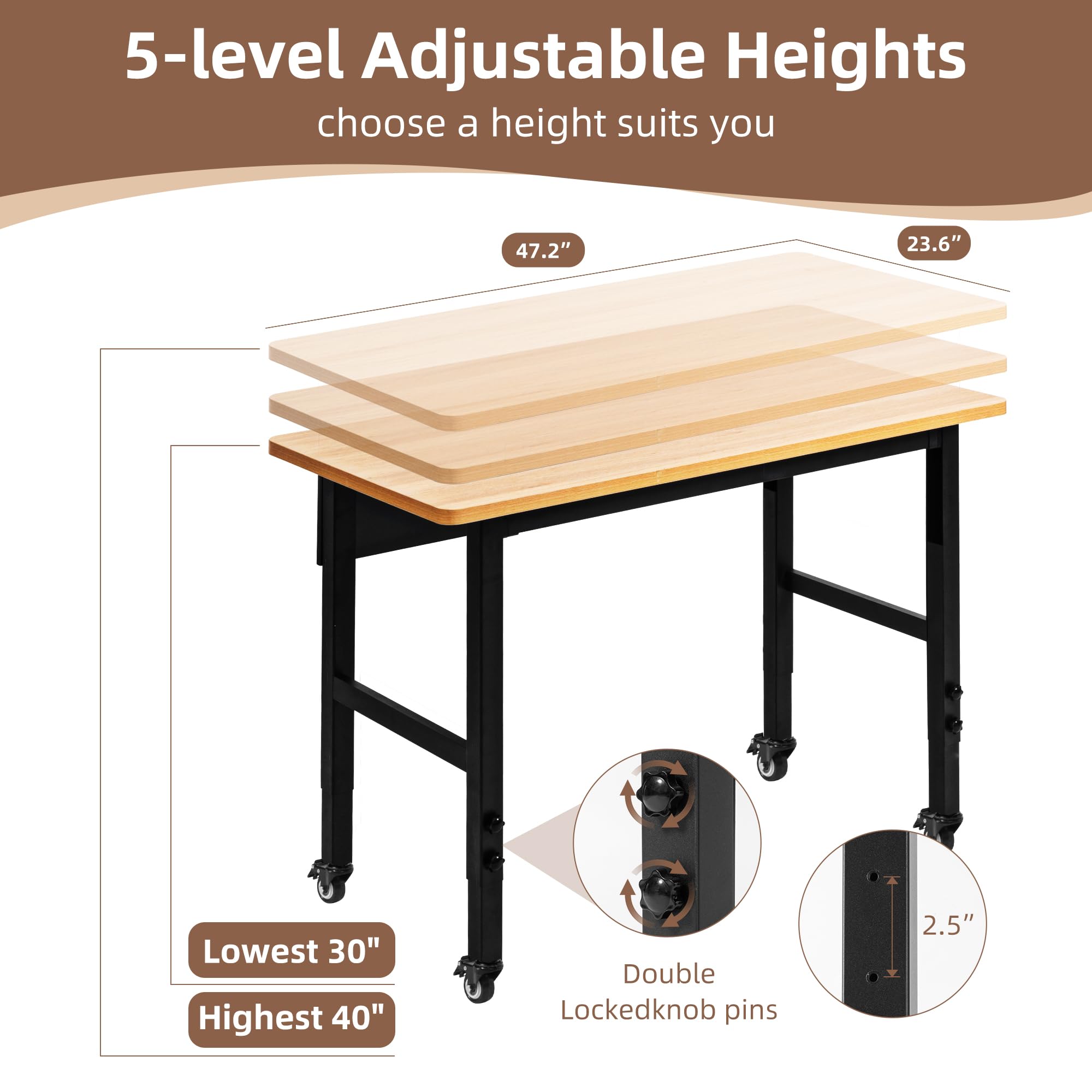 Banco de trabajo ajustable con ruedas, mesa de trabajo con ruedas para garaje, banco de trabajo de madera dura de gran capacidad, mesa de trabajo resistente para taller, oficina, garaje, hogar
