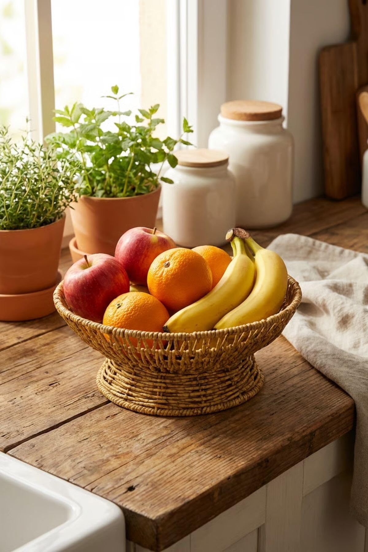 Buffer 28 cm Plastik Rattan Servis Çanağı, Doğal Hasır Görünümlü, Yuvarlak, İç İçe Geçebilen, 3 Parça Set