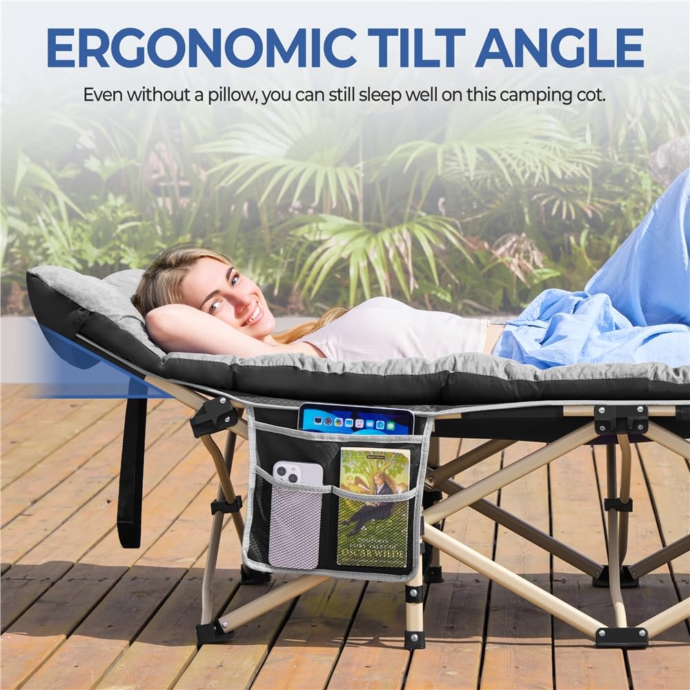 Yaheetech Feldbett mit Matratze Campingbett klappbar Gästebett mit Tragetasche & Seitentasche 191 x 67 cm Gartenliege bis 150 kg Belastbar, Grau Matratze+Schwarz Bett