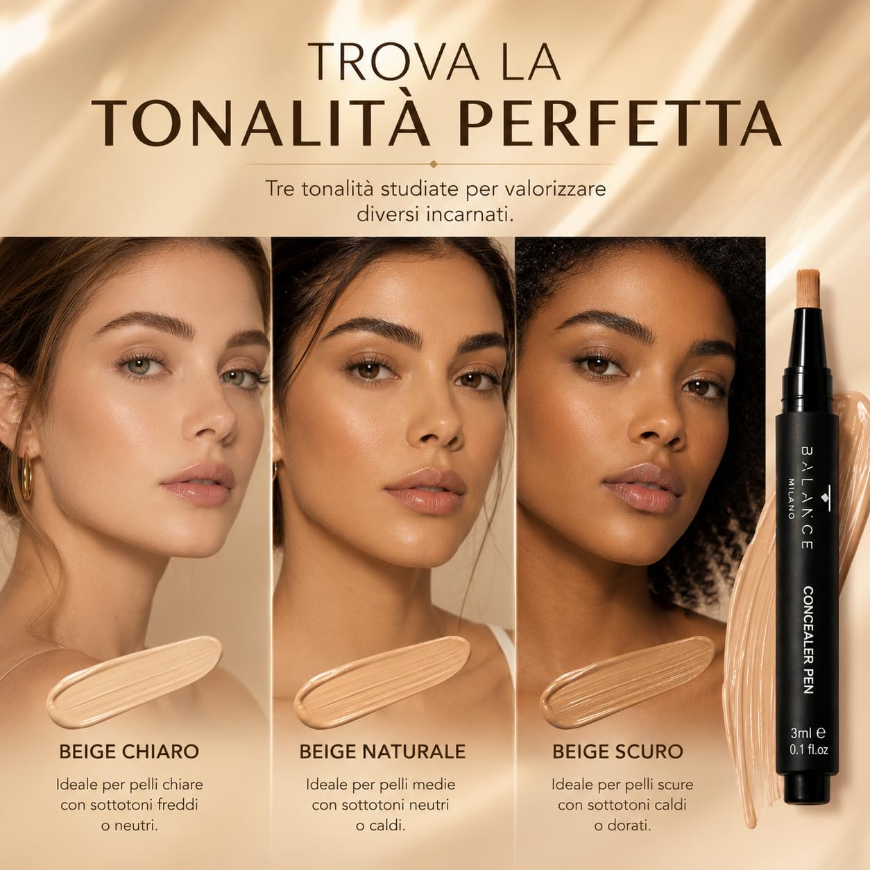 BALANCE MILANO 3ml Correttore Occhiaie Made in Italy - Fluido Levigante - Correttore Idratante e Coprente - Finish Naturale Luminoso Effetto Seconda Pelle - Vegan Silicon Free - Make Up (Beige Scuro)