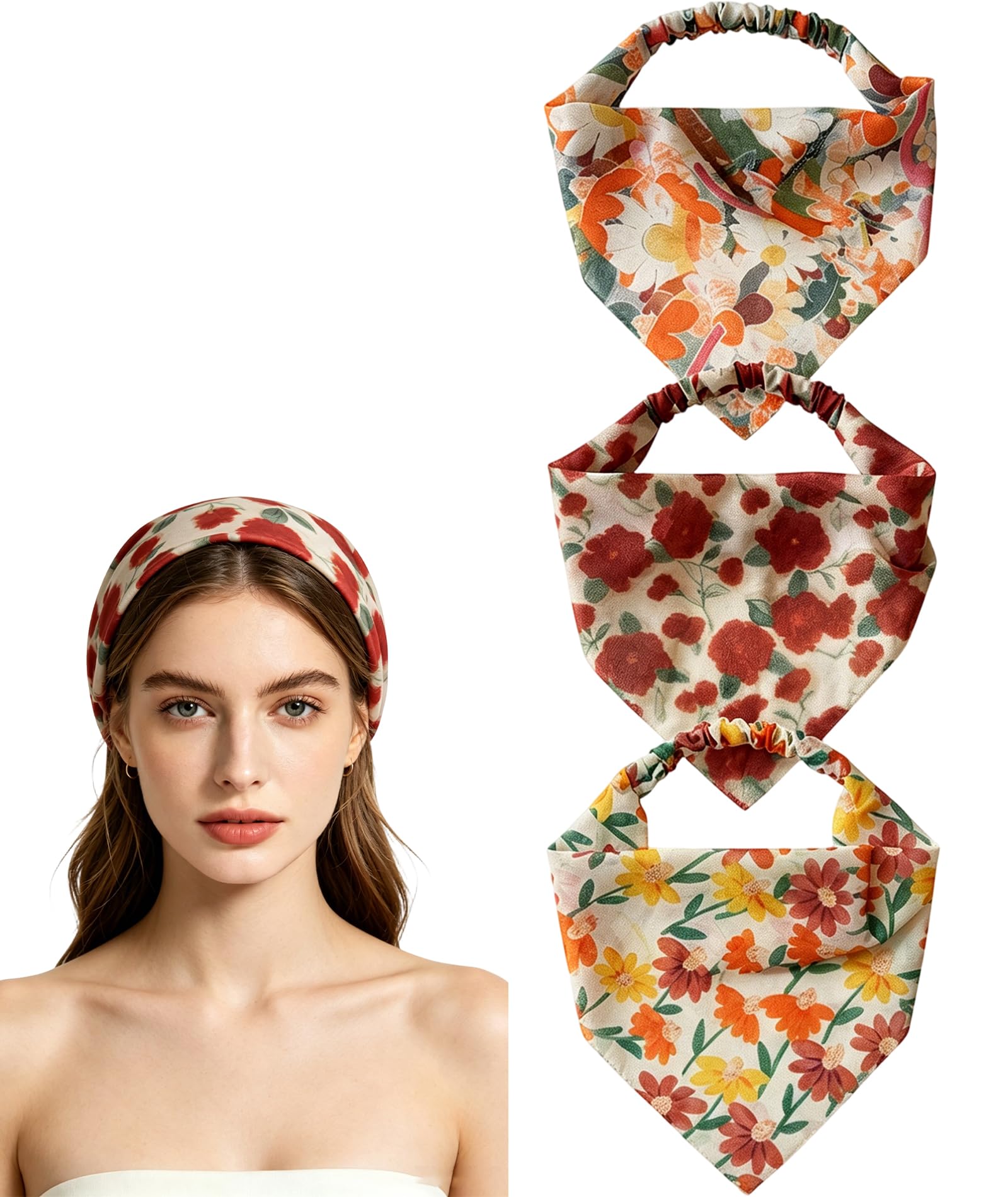 3PCS Bandanas for Women, Floral Bandanas Headband, Elastic Head Scarf, Boho Headbands, Chiffon Cute Head Scarf, for Women Girls Hair Accessory-image-15