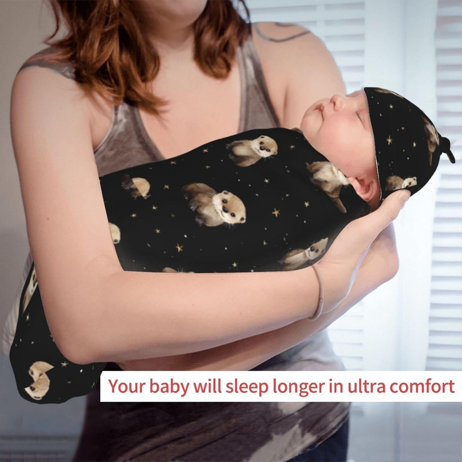 Cute Adorable Baby Otter Newborns Beanie Swaddle Blanket Set Baby Receiving Blankets for 0-6m Infant Boy Girl Swaddle Blankets Wrap Soft Sleeping Sack - Image 6