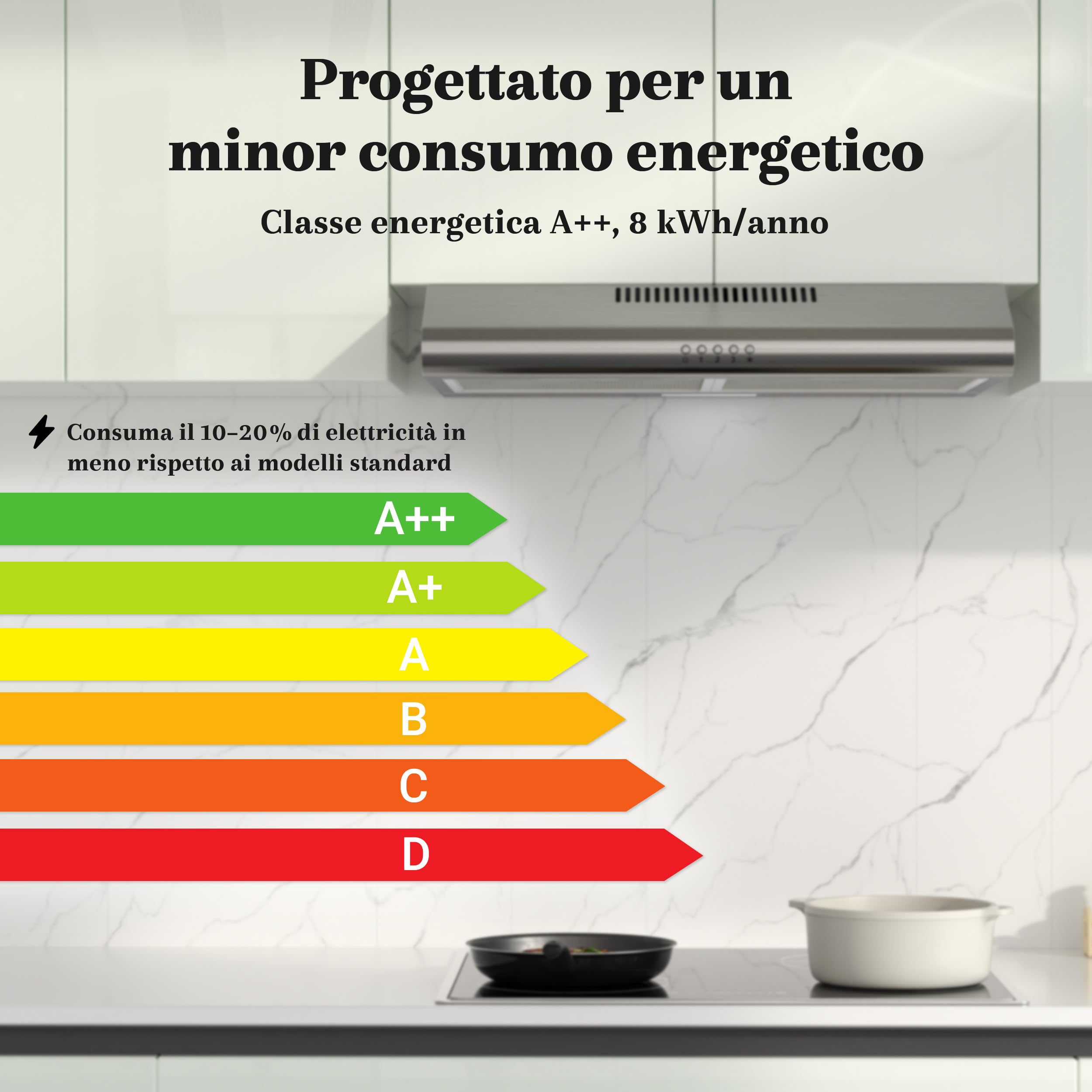 FIREGAS Cappa Aspirante 60 cm in Acciaio Inox, Classe A++ con Motore Brushless, 319m³/h, Ultra Silenziosa 46dB, Scarico Superiore/Posteriore o Ricircolo, 2 Filtri a Carbone Inclusi, LED 2W