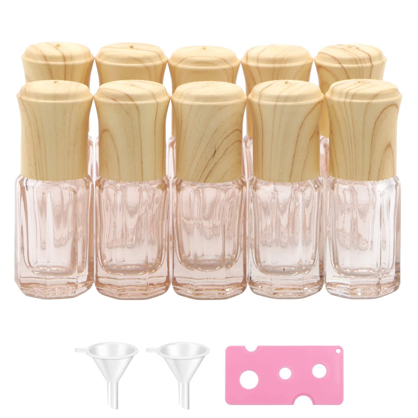 Massage Roller Bottles, 3ml Octagonal Small Essential Oil Roller Bottles, Mini Essential Oil Vials, Perfume Sample Travel Cosmetic Container Vial, with Wood Grain Cap, 1 Opener, 2 Funnels (10 Pack)