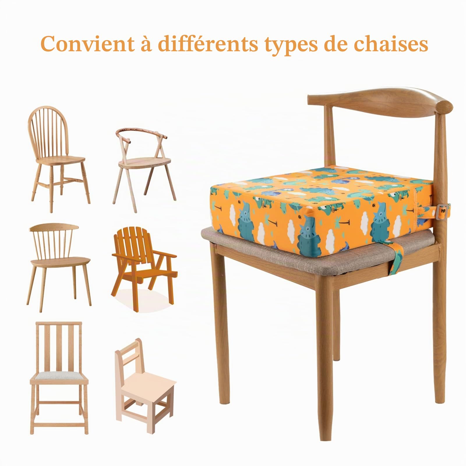 Rehausseur Chaise-Enfant,Support Plus Solide Base Antidérapante Double Sangles Sécurisées Pour Salle à Manger Pour Enfant Coussin de Voyage Portable (Orange)