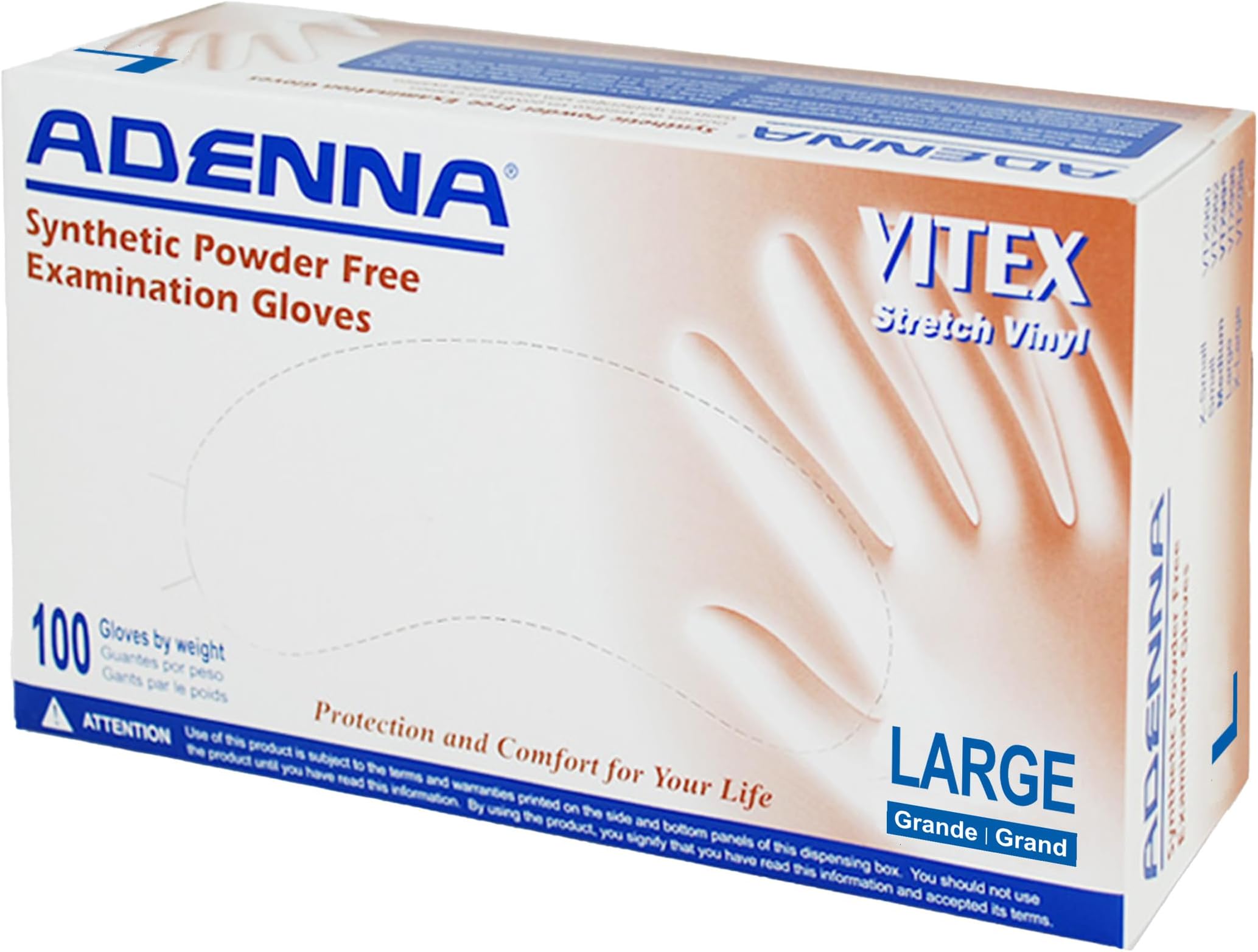 Adenna VTX996 Vitex 4 mil Vinyl Powder Free Exam Gloves (Cream, Large) Box of 100