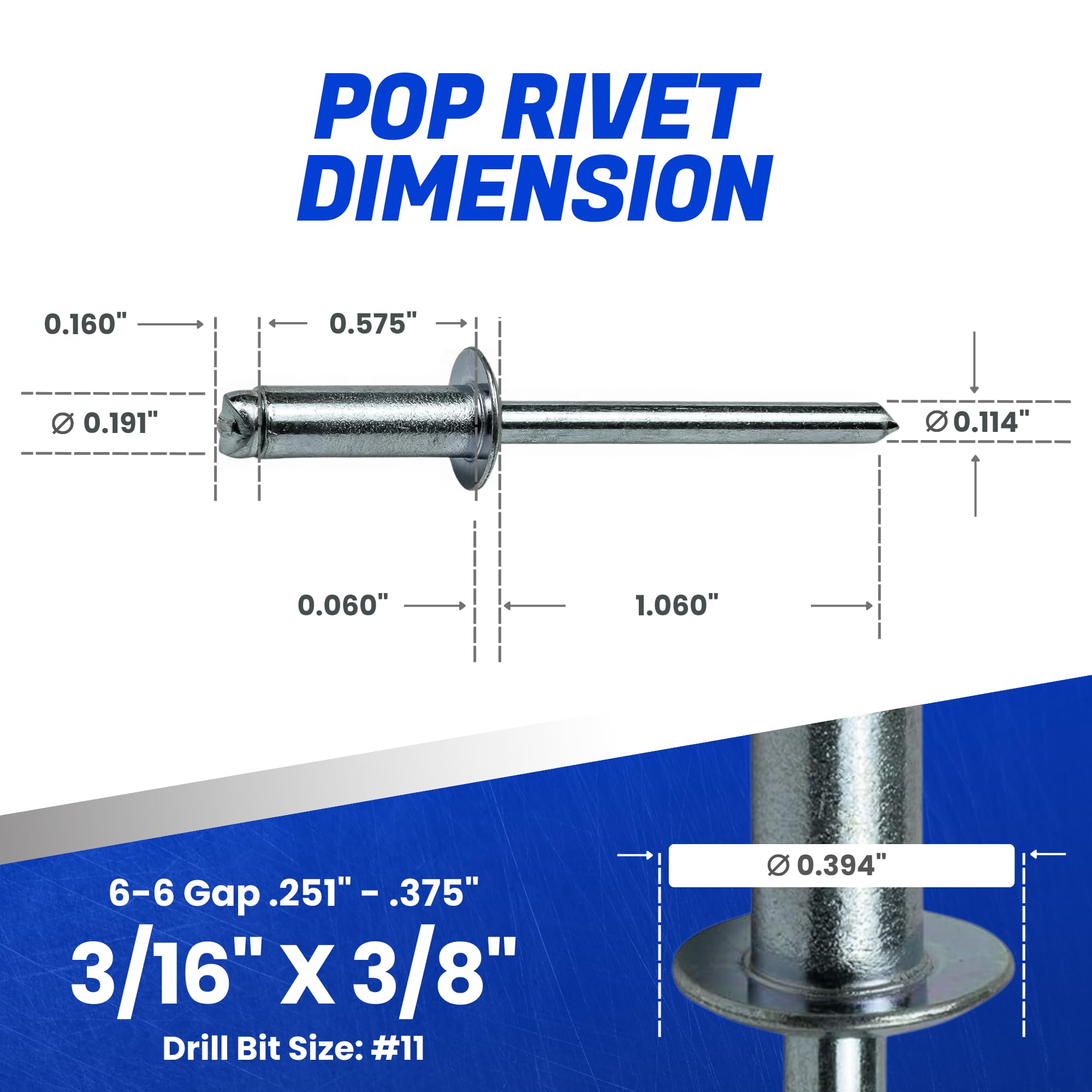Fastenere 3/16" X 3/8" Aluminum Pop Rivets - 100 Pcs, Dome Head, Open-End Blind Rivets, Heavy Duty For DIY & Repair - View #9