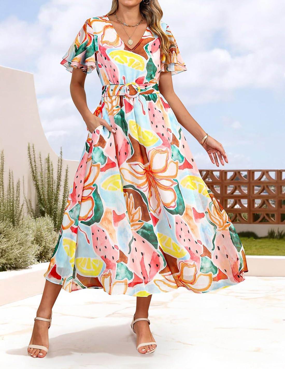 ZESICA Women's 2026 Summer Floral V Neck Midi Dress Boho Short Sleeve High Waist Flowy Beach Vacation Dresses with Belt - Image 2