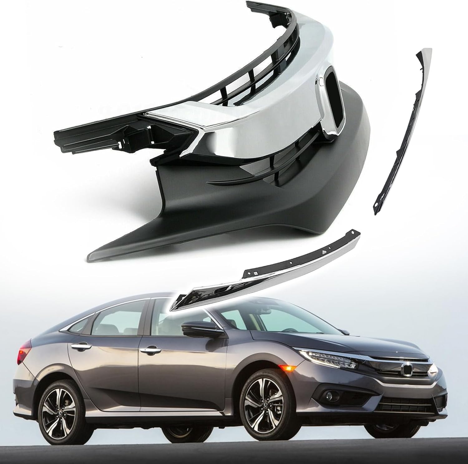 Bewild Front Bumper Grille Upper Grill With Chrome Headlight Eyelid Molding Trim Fit For 2016 2017 2018 Honda Civic Replacement For HO1213117, HO1212117