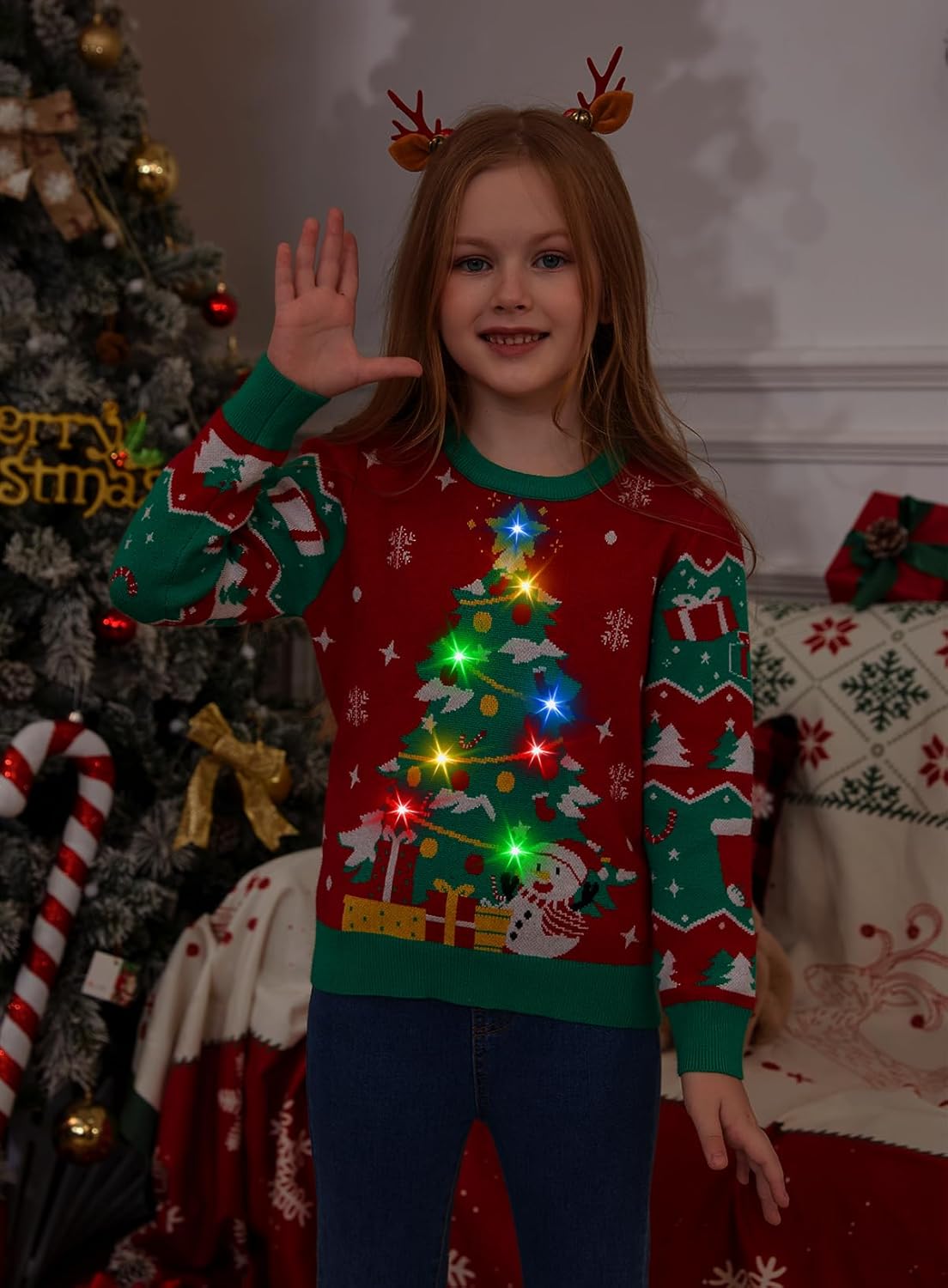 Kids Ugly Christmas Sweater Girls Boys LED Light Up Christmas Sweaters Funny Xmas Knitted Pullover for 5-14Y