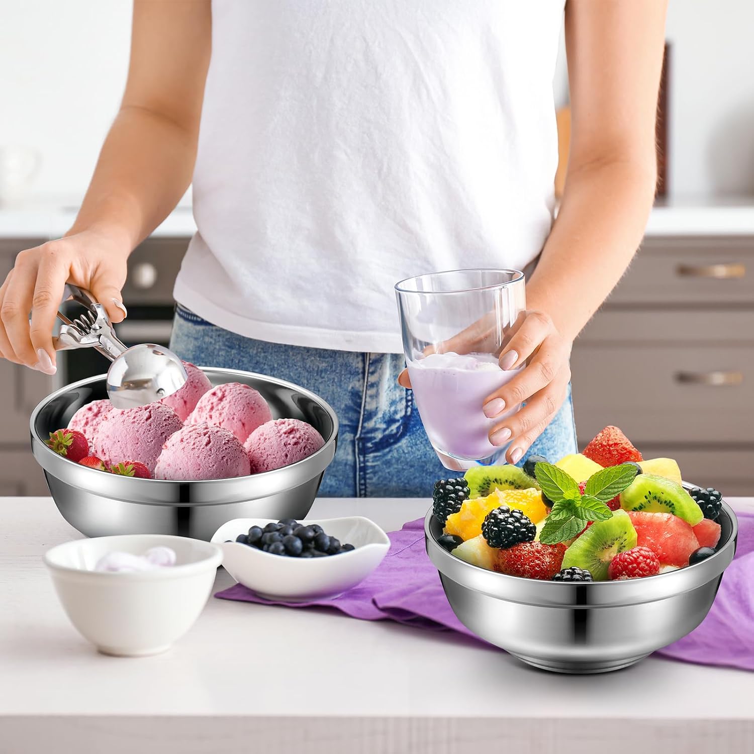 8 Pack 34 oz Stainless Steel Bowls Double Walled Insulated Soup Ice Cream Metal Mixing Nesting Bowls for Serving Soup Rice Cereal