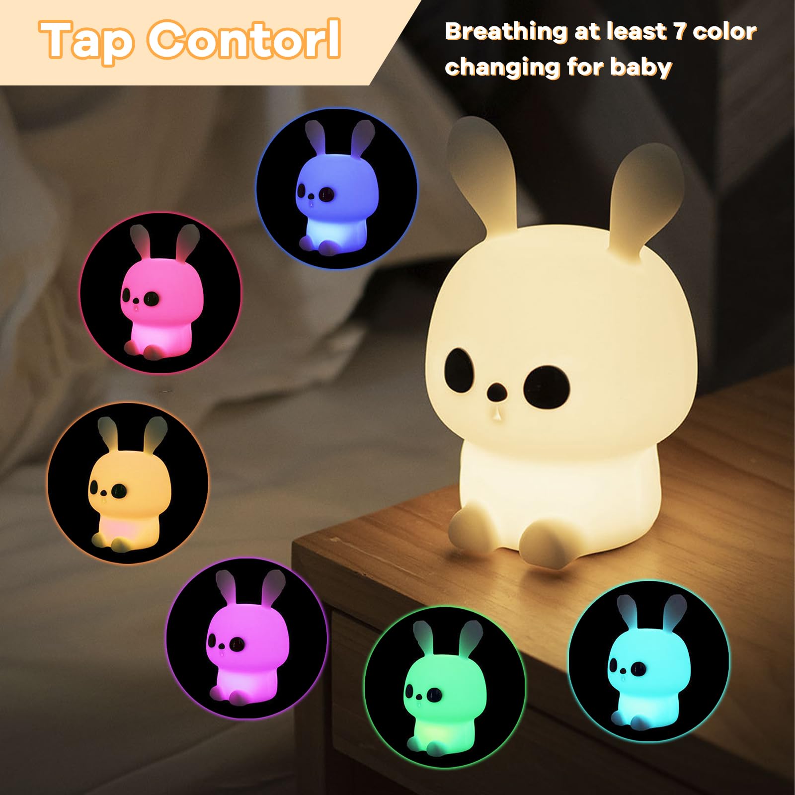 FemKey Luce Notturna Bambini, Lampada da Comodino Touch Dimmerabile, Lampada da Tavolo RGB Cambia Colore, Luci Notturne Kawaii Type-C Ricaricabile con 7 Modalità, Bianco Coniglio