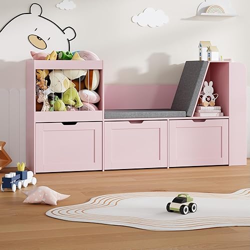 Miniatura 8 de Rincón de lectura para niños de 66.9 pulgadas, organizador de almacenamiento de juguetes con almacenamiento de animales de peluche, banco y cojines
