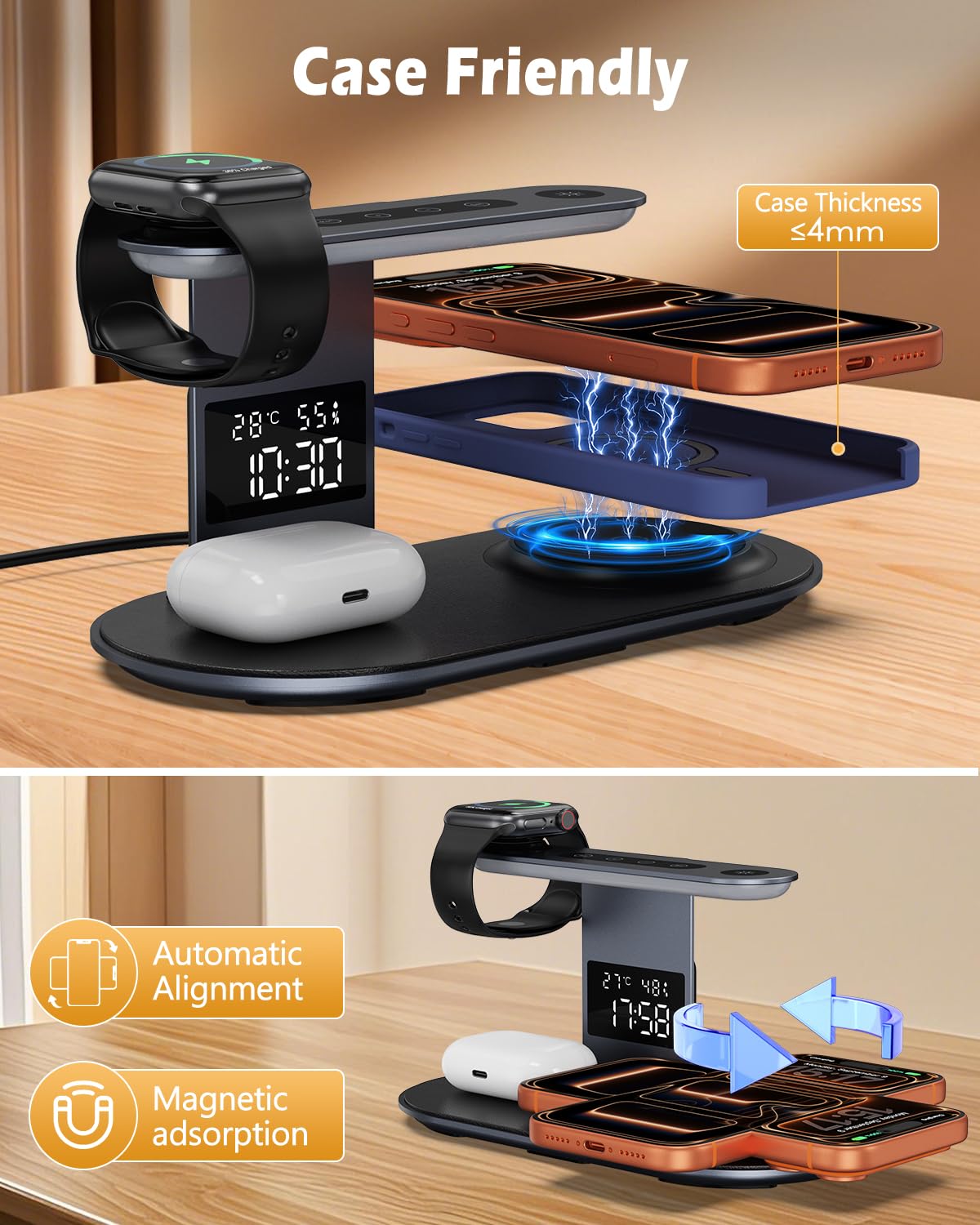 Stazione di ricarica wireless 3 in 1, supporto per caricabatterie rapido con adattatore QC 3.0, luce notturna a 3 livelli per smartphone, auricolari, smartwatch