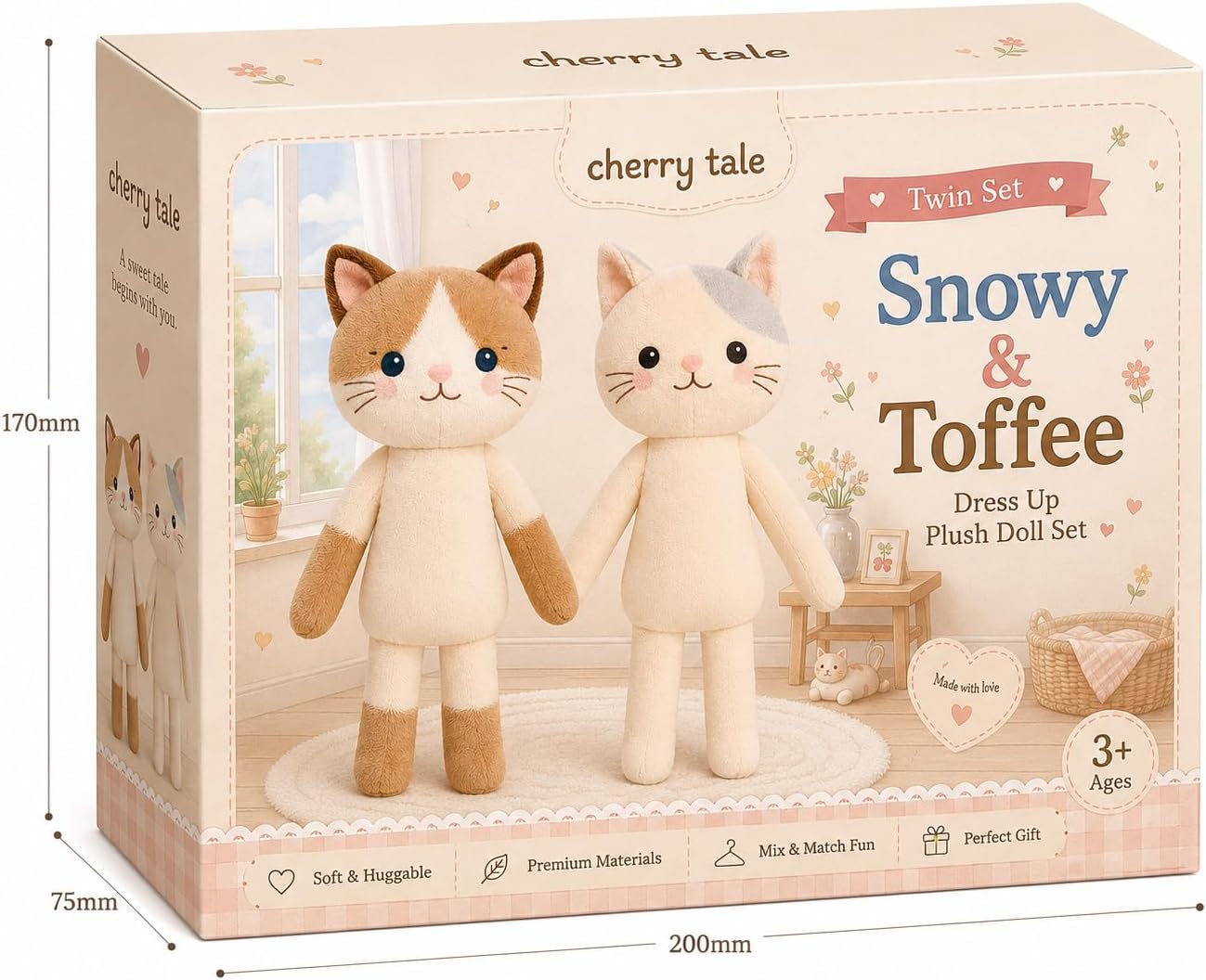 Cherry Tale Cat Plush Doll Dress Up for Girls, 2 Cat Stuffed Animal & 4 Clothes Outfits, Gifts for Girls Ages 3+