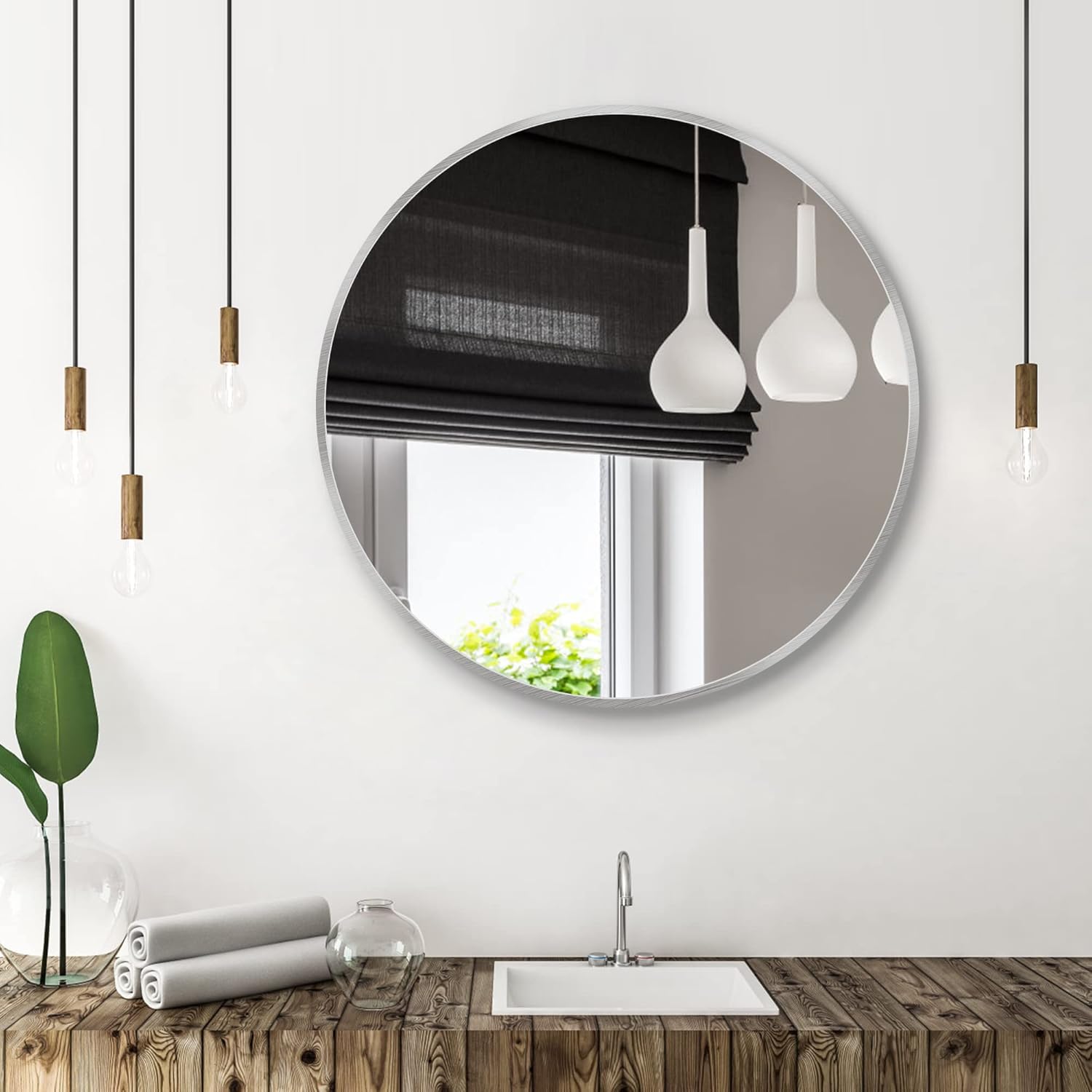 36 Inch Silver Tempered Glass Round Mirror,Bathroom Mirror,Metal Frame Vanity Mirror,Circle Wall Mirror for Bathroom Bedroom Living Room Entryways Washrooms