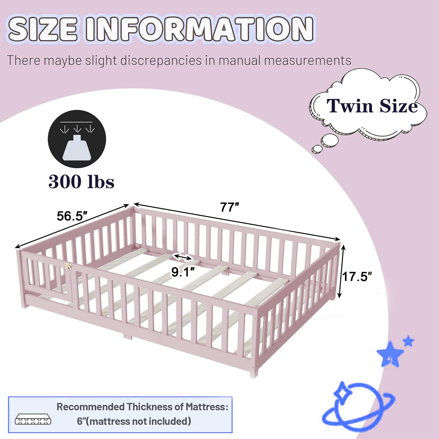 Klwenas Maec Full Size Pink Toddler Floor Bed with Removable Door for Kids, Montessori with 12 Slats and Safety Guardrails, Solid Wood Full Frame for Girls, Boys No Box Spring Need (Pink, Full)