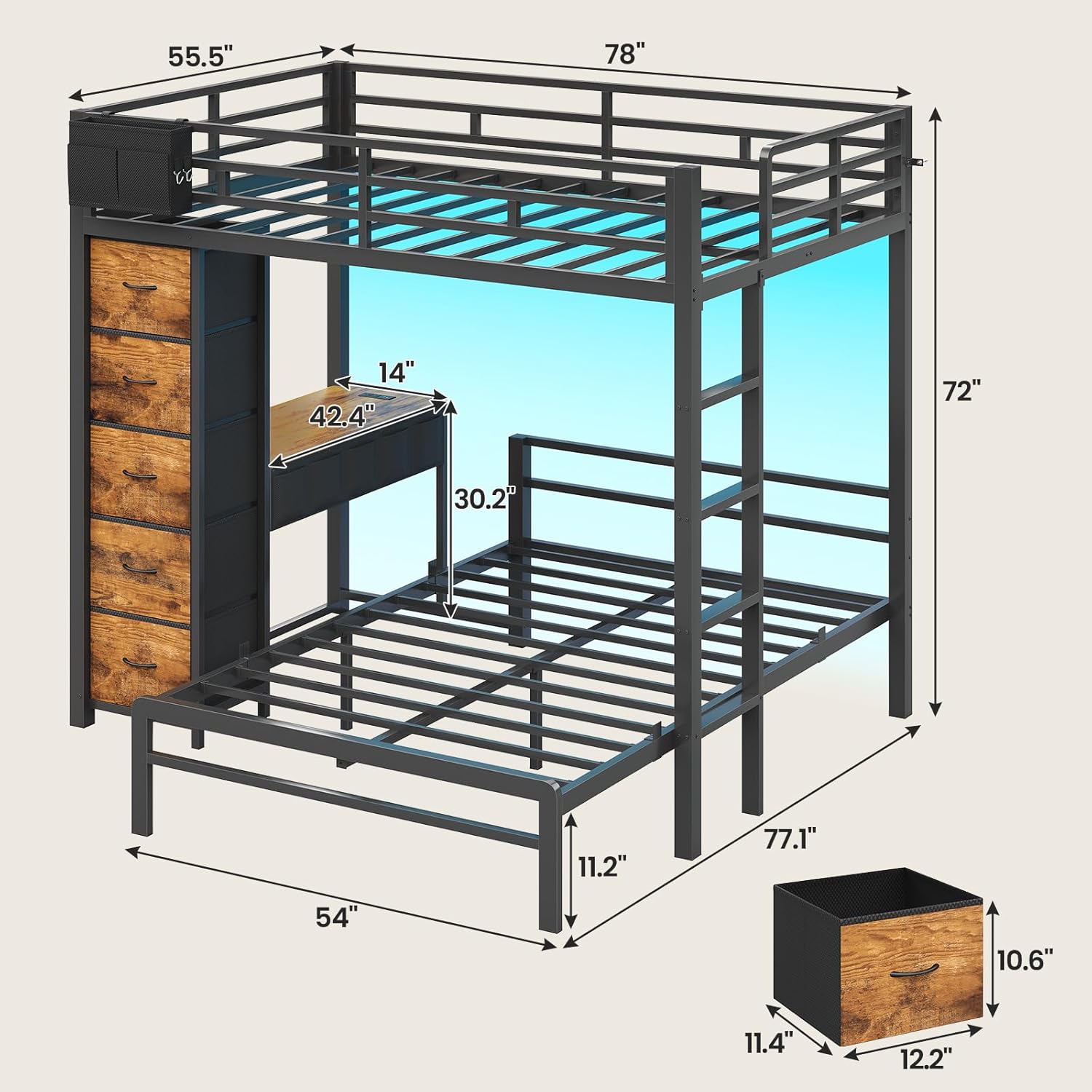 BTHFST Bunk Bed with Desk, Full Over Full Bunk Beds with 5 Storage Drawers & Charging Station, Full Size Bunk Bed with LED Lights & Safety Guardrail for Kids/Teens, Rustic Brown