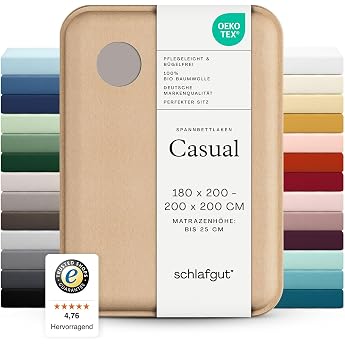 Schlafgut Casual Fitted Sheet 180 x 200 cm to 200 x 200 cm Mid Sand Fitted Sheet Made from 100% Organic Cotton Flat sheet fitted sheet 200 x 200 cm sand jersey summer 150 g/m  up to 25 cm base made in green