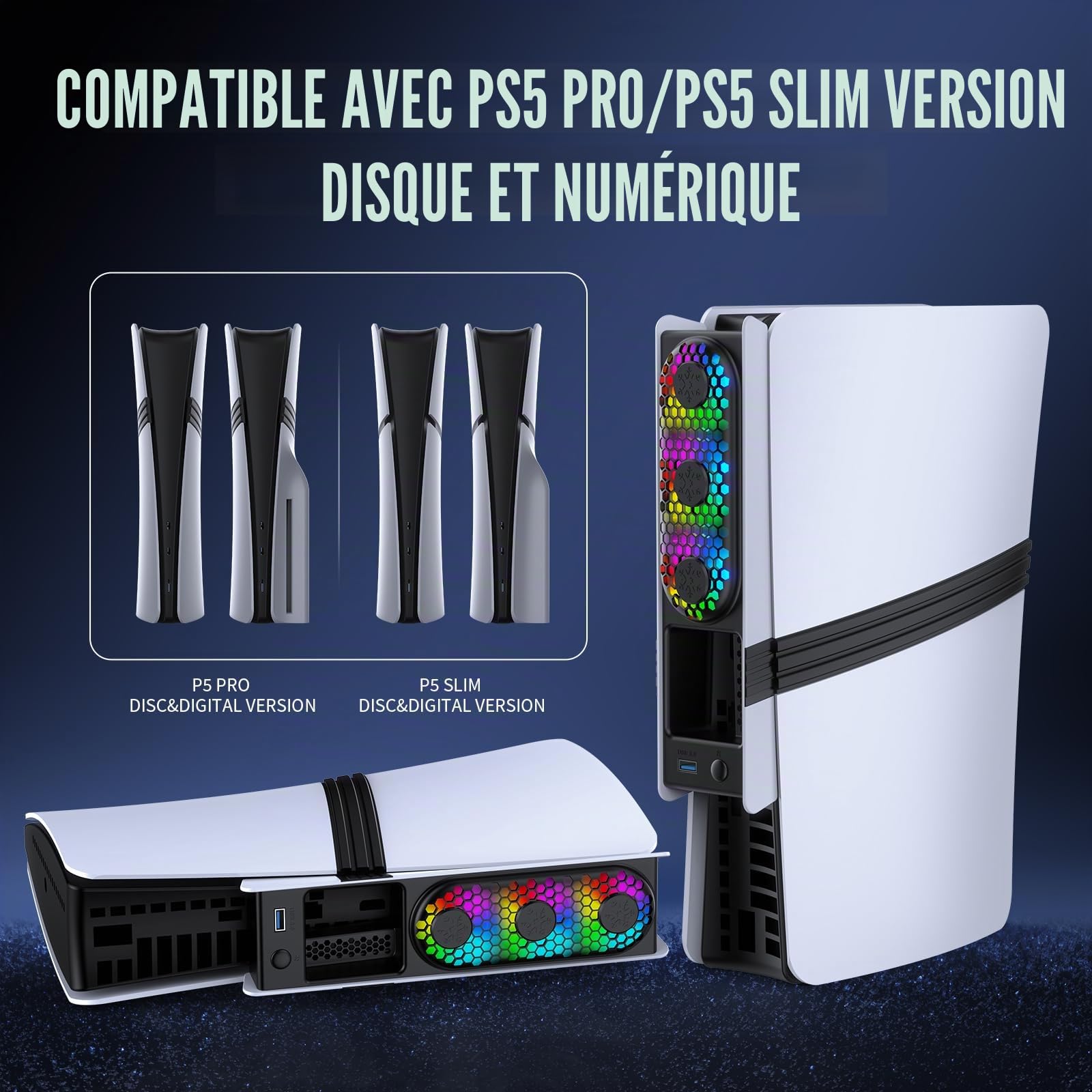 Ventilateur de refroidissement haute vitesse pour console PS5 Pro/Slim - Contrôle automatique de la température, faible bruit, éclairage RVB et port USB 3.0