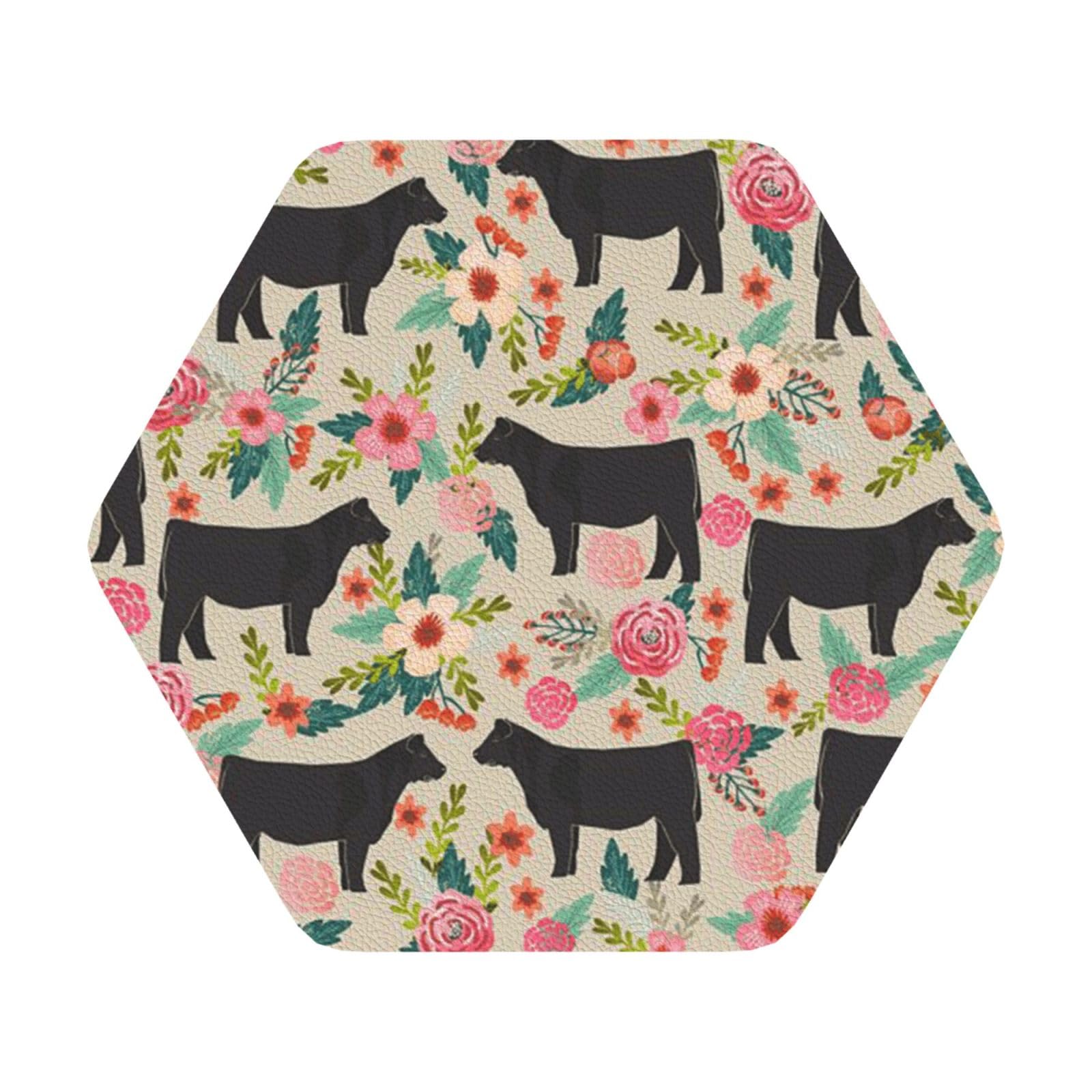 Pink Flower Show Steer Cows Cattle PU Leather Coasters Set of 6 Hexagon Drink Coasters