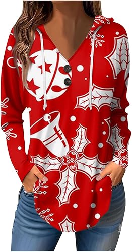 Kenvina Sudaderas con capucha para mujer, con cordón y estampado navideño, manga larga, dobladillo curvado, sudaderas casuales ajustadas
