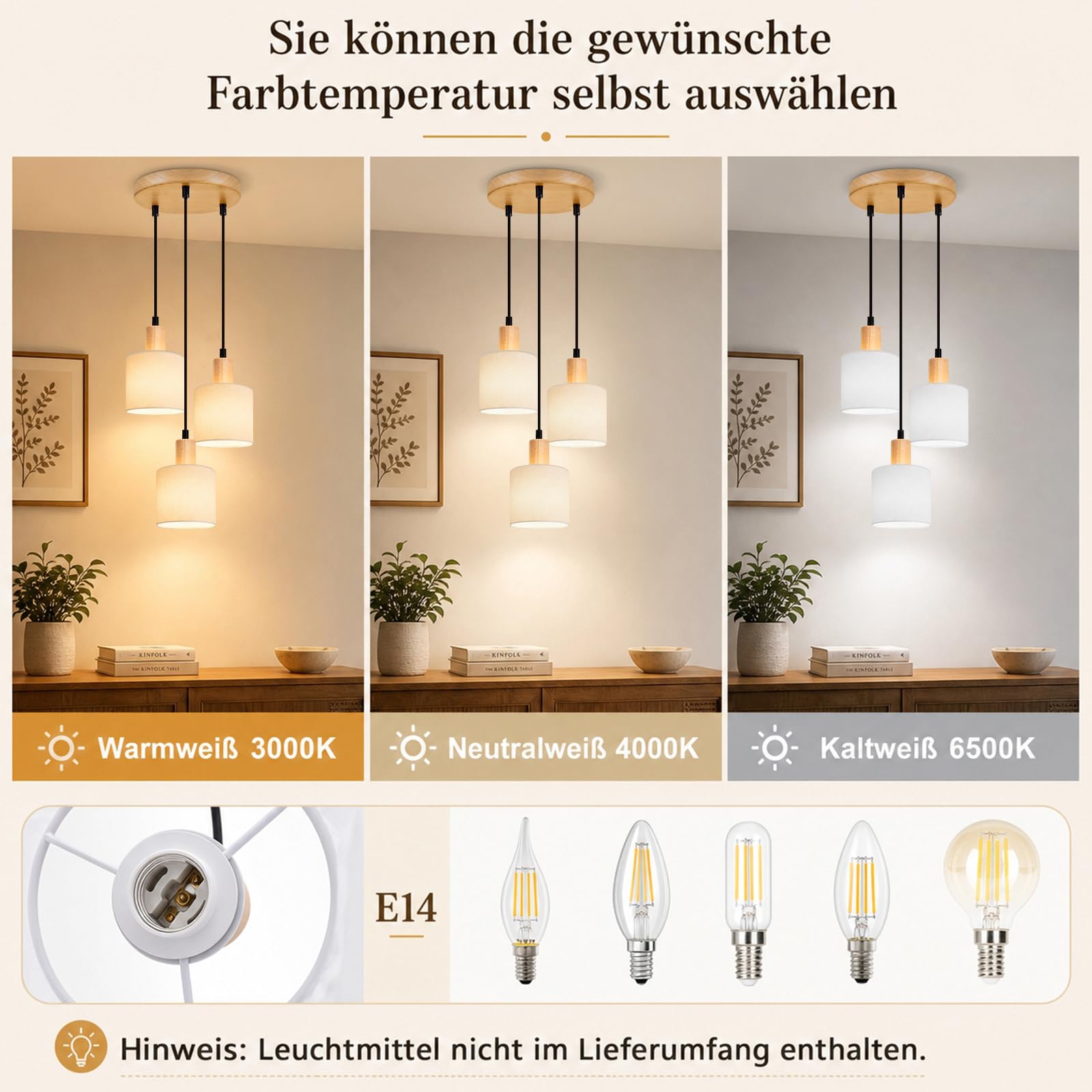 Glitzerlife Pendelleuchte 3 Flammig Holz Hängelampe Hängeleuchte Rund