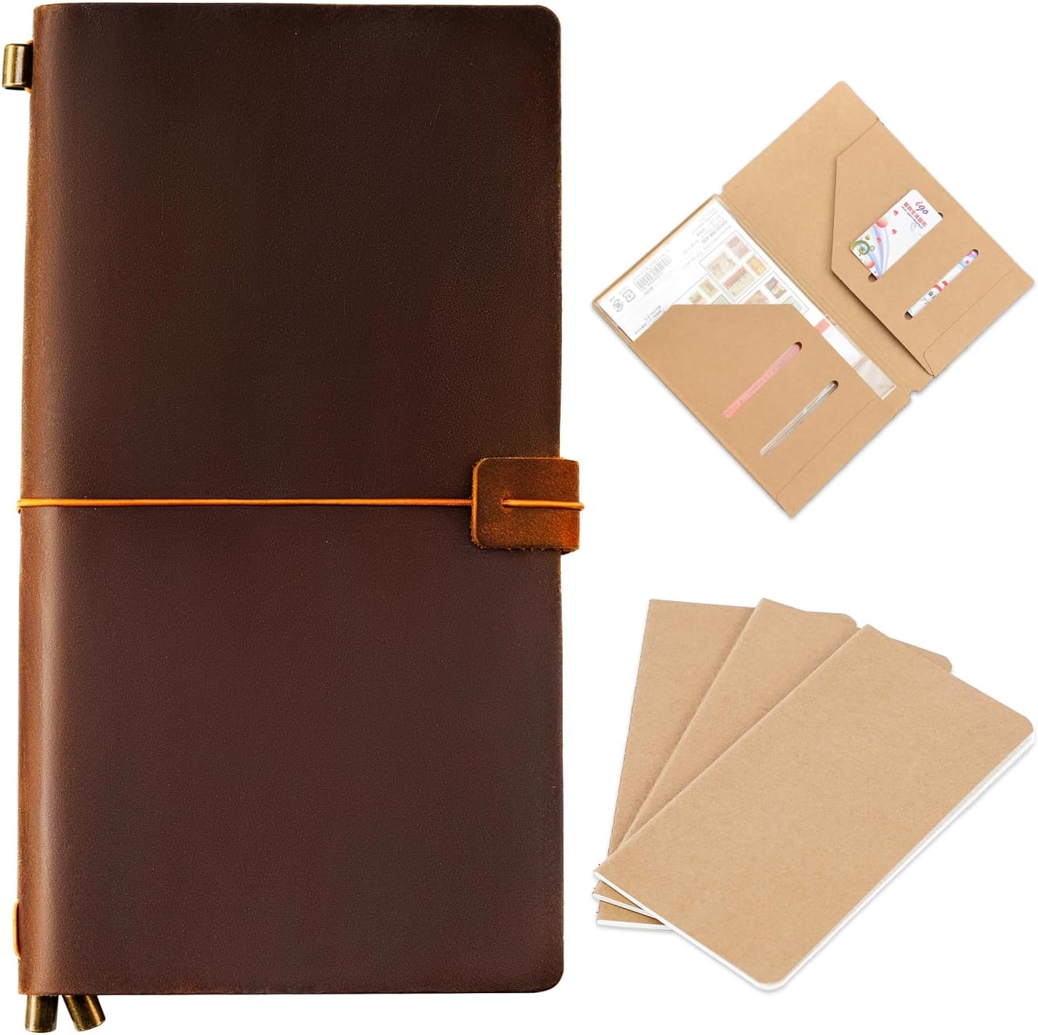 Refillable Leather Travelers Notebook, 8.6 x 4.9 Standard Size Travel Diary for Men and Women, Genuine Leather Travel Journal with 3 Notebook Inserts for Writing, Sketching & Planning, Dark Brown