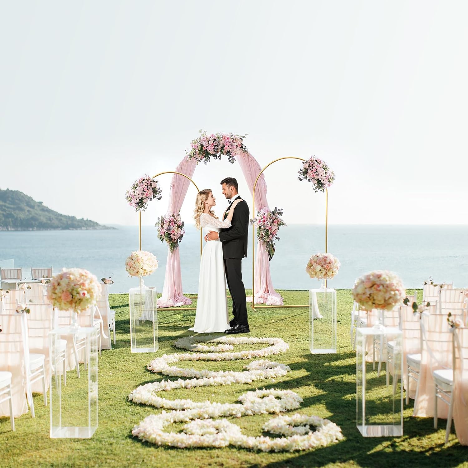 GRENTY Metal Arch Backdrop Stand and Cover Set 7.2FT/6.6FT/6FT, Wedding Arch Frame with Spiral Rotating Joint, 3 Wrinkle-Resistant Cover for Birthday, Anniversary, Wedding, Party, Baby Shower