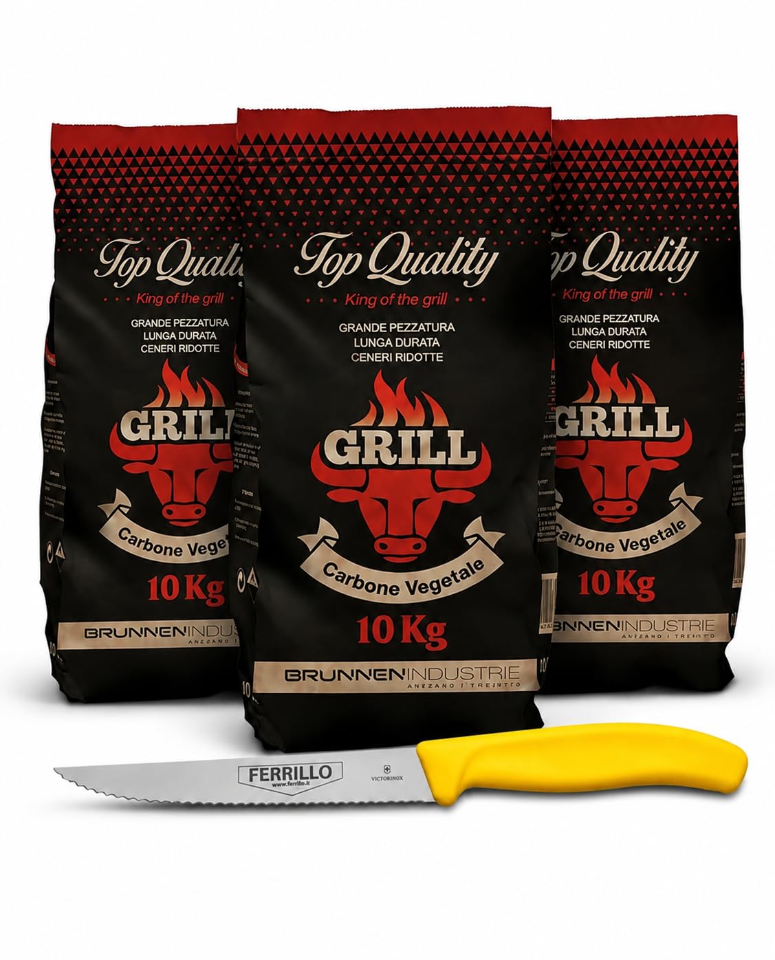 COMBO 3 CONFEZIONI CARBONE PROFESSIONALE DI QUEBRACHO BLANCO 10KG BRUNNEN PEZZATURA GRANDE, IN OMAGGIO COLTELLO BISTECCA VICTORINOX FERRILLO