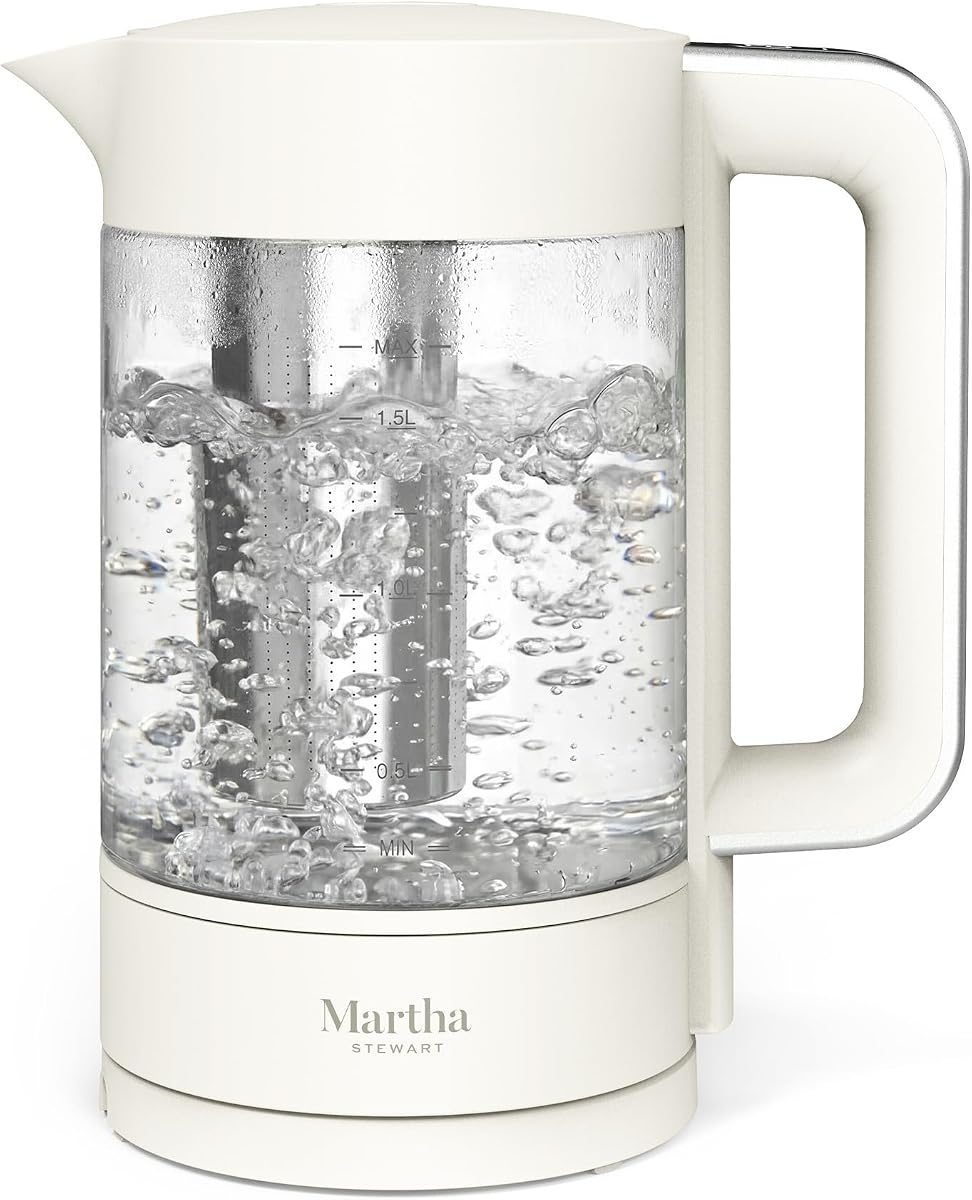 Hervidor eléctrico con jarra de vidrio de 1,7 l con infusor de té extraíble | 7 tazas, 4 preajustes, ebullición rápida, infusor de hojas de té de acero inoxidable, base giratoria inalámbrica, mantiene caliente, apagado automático, lino