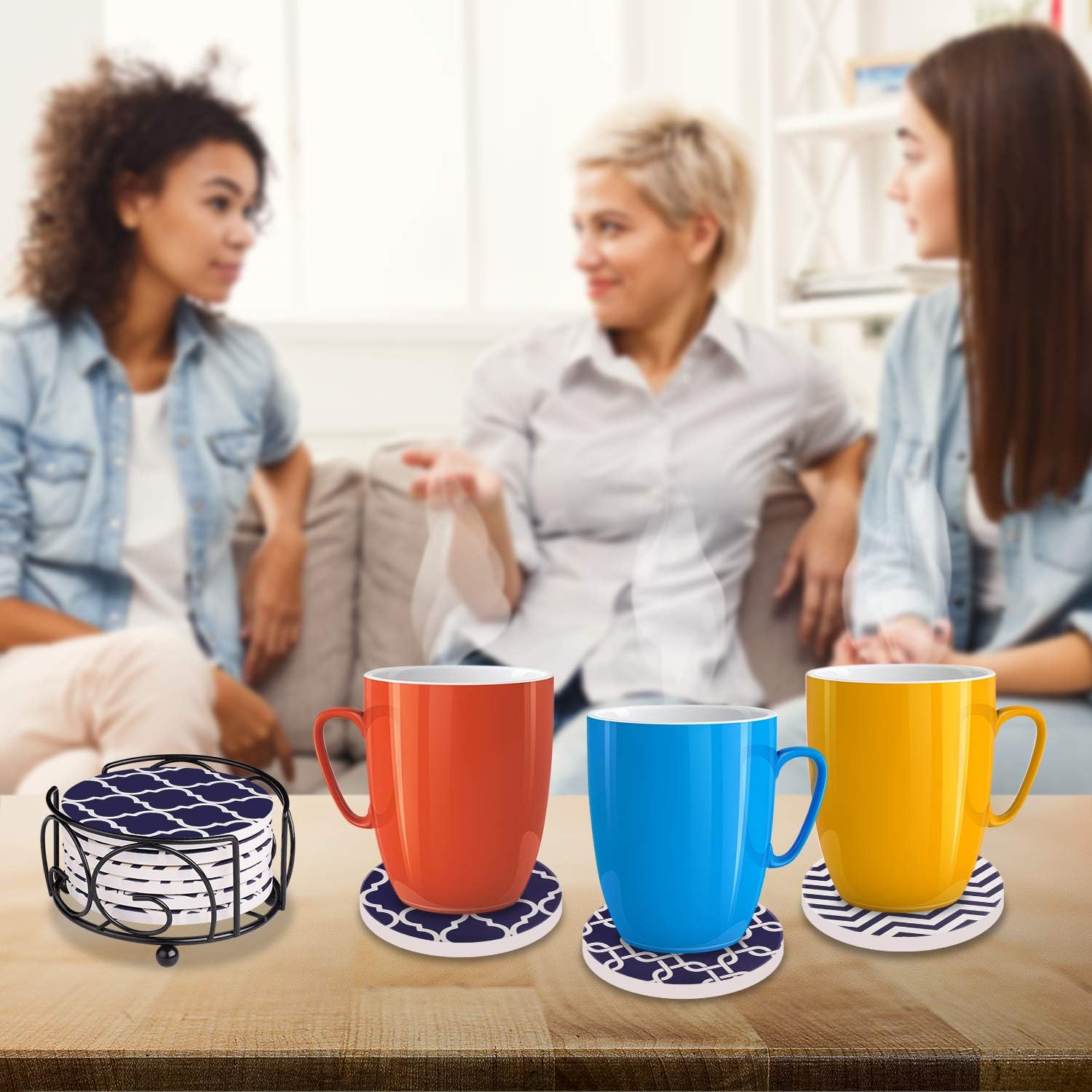 Blue Coasters for Drinks Absorbent Ceramic Stones with Holder & Cork Back - 6 Pieces for Stain-Free Furniture, Ideal Housewarming Gift & Home Decor - Mix Patterns of Chevron, Moroccan & Trellis