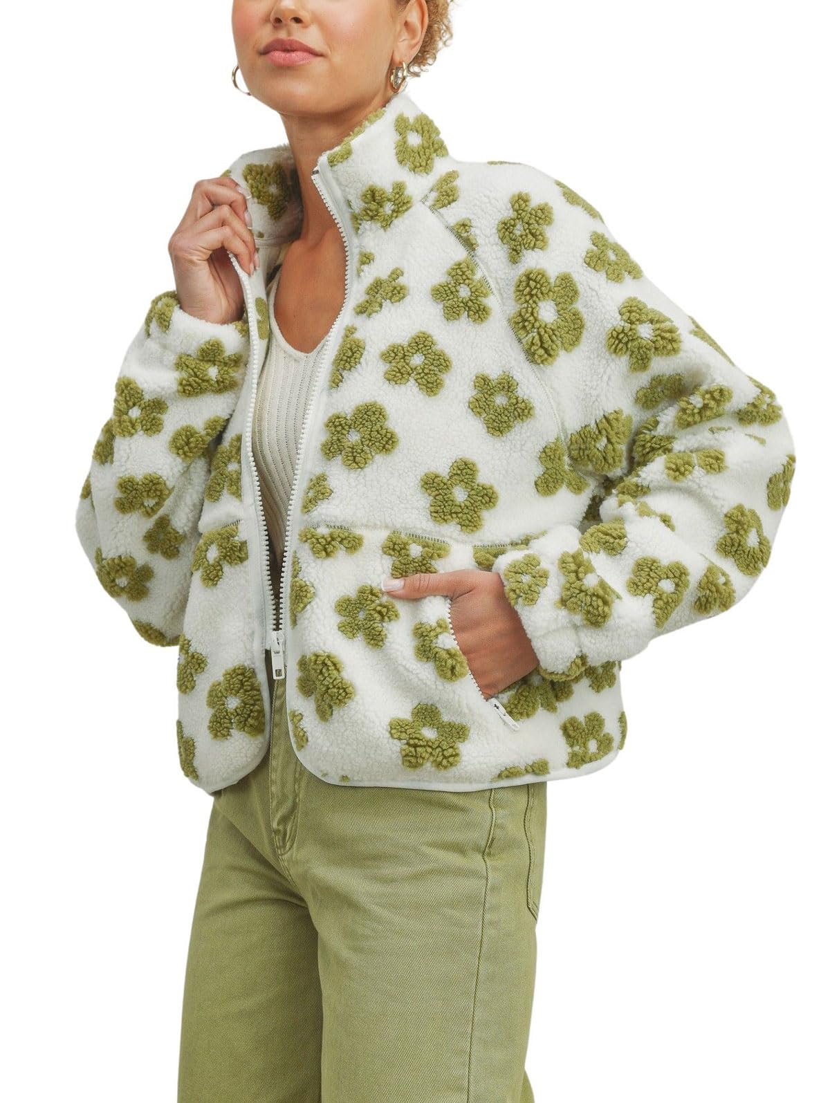 chouyatou Women's Fall Winter Casual Cute Floral Fleece Jacket Fuzzy Zip Up Sherpa Jacket Faux Fur Coat