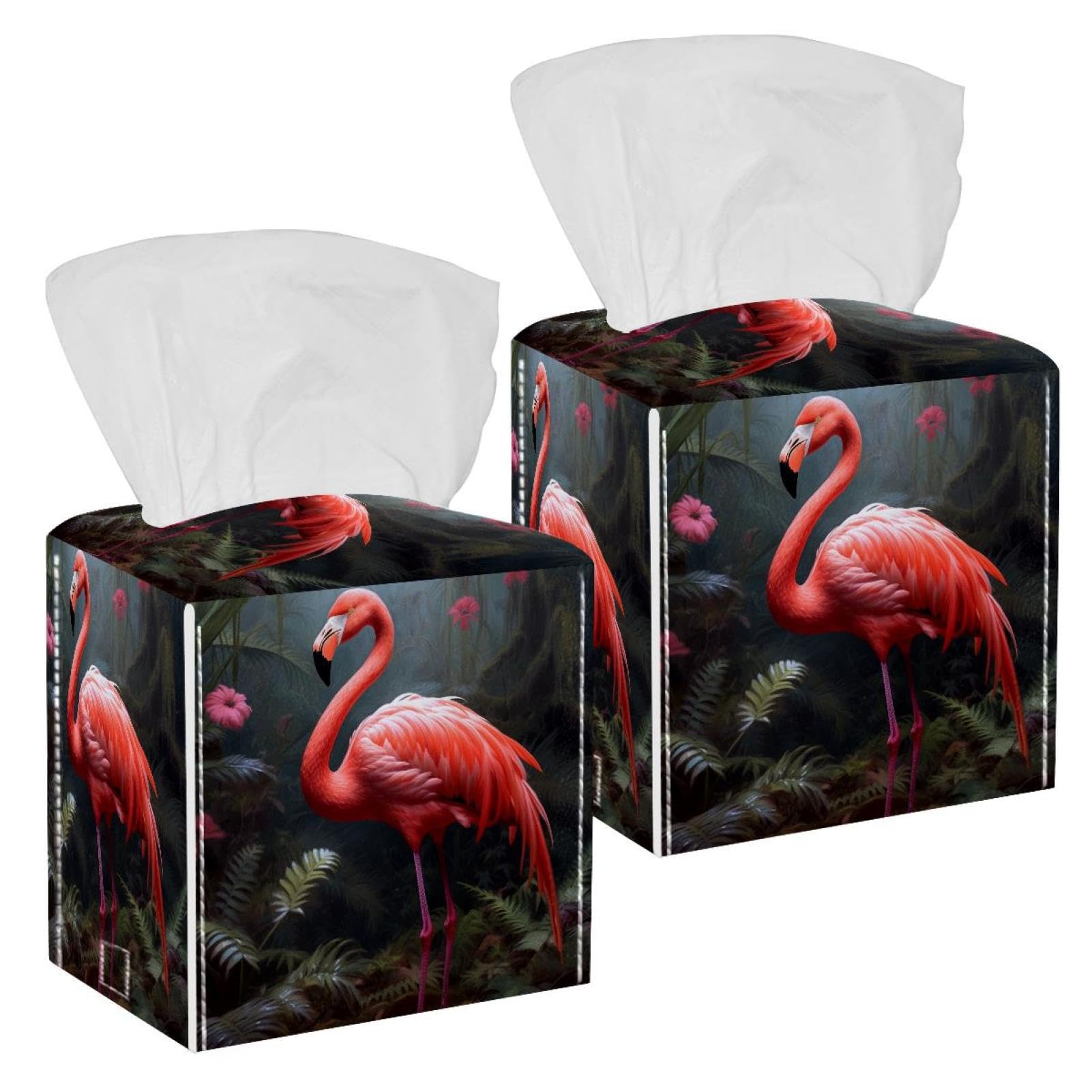 Flamingo Tissue Box Cover, 2 Pack PU Leather Square Facial Tissue Dispenser Box holder for Home Office Car