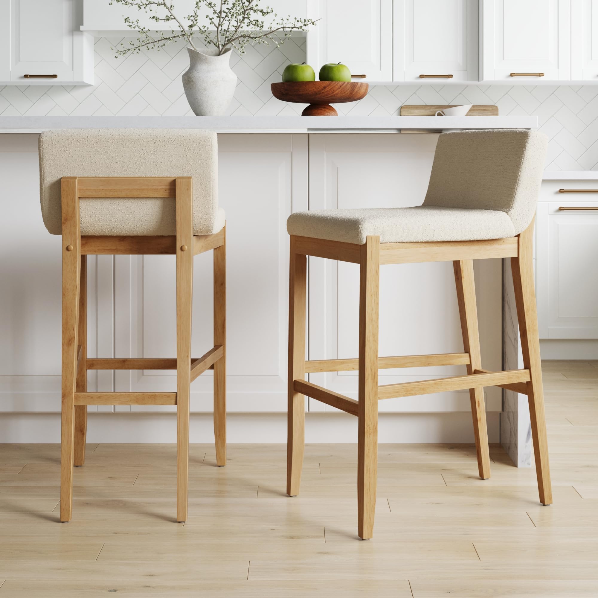 Nathan James Gracie Modern Upholstered Bar Stool, Wooden Bar Stool for Kitchen Island with Boucle Upholstery, Cream Boucle/Warm Pine, Set of 2