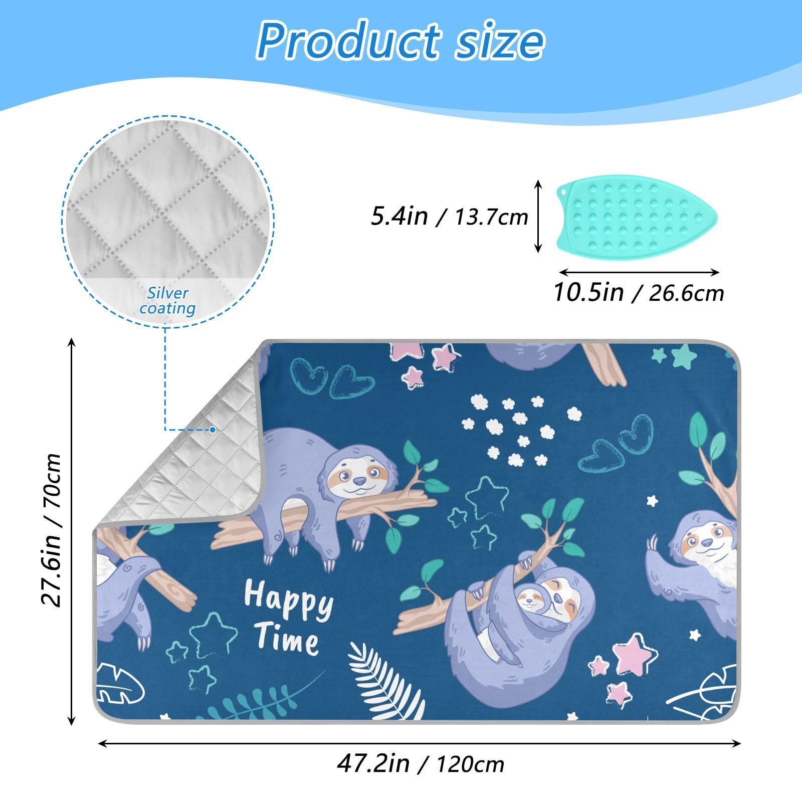 QwThum Ironing Mat Thickened Ironing Blanket Travel Portable Double-Side Using Ironing Pad Travel Isolate Heat Pad Cover for Washer Dryer Table Top Countertop (27.6x47.2in) Sloth