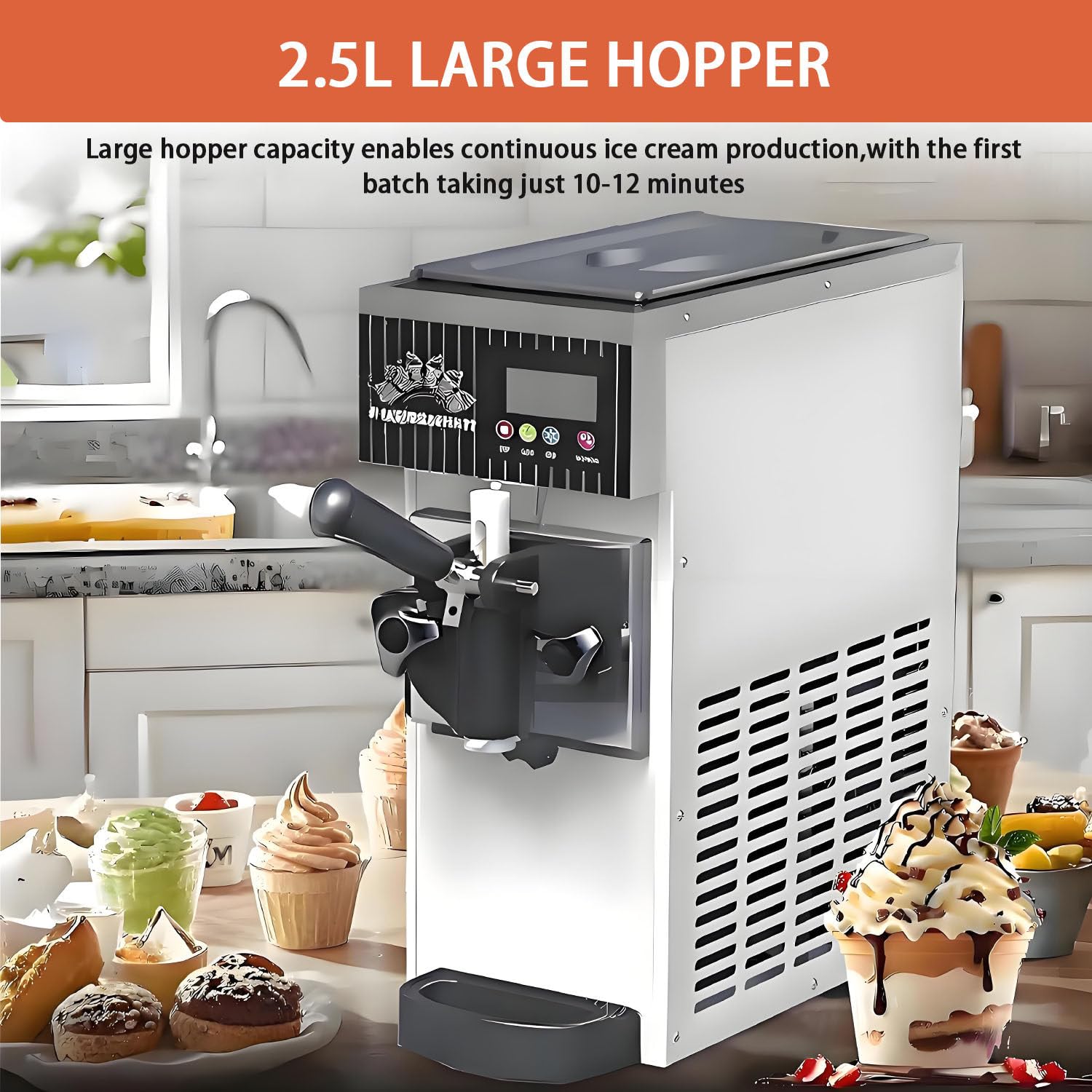 Máquina de Helados de Servicio Suave, encimera 3.5L, 4-5 L/H, Sistema de refrigeración por Aire con Panel led, Ideal para restaurantes y Tiendas