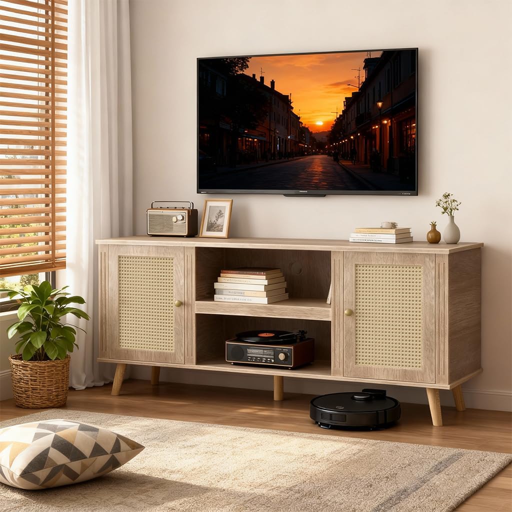 LUCKLIFE Rattan TV Stand for 65 Inch Television with Charging Station,59" Mid Century Modern Entertainment Center, Boho Media Console with Storage Cabinet Open Shelves for Living Room,Natural