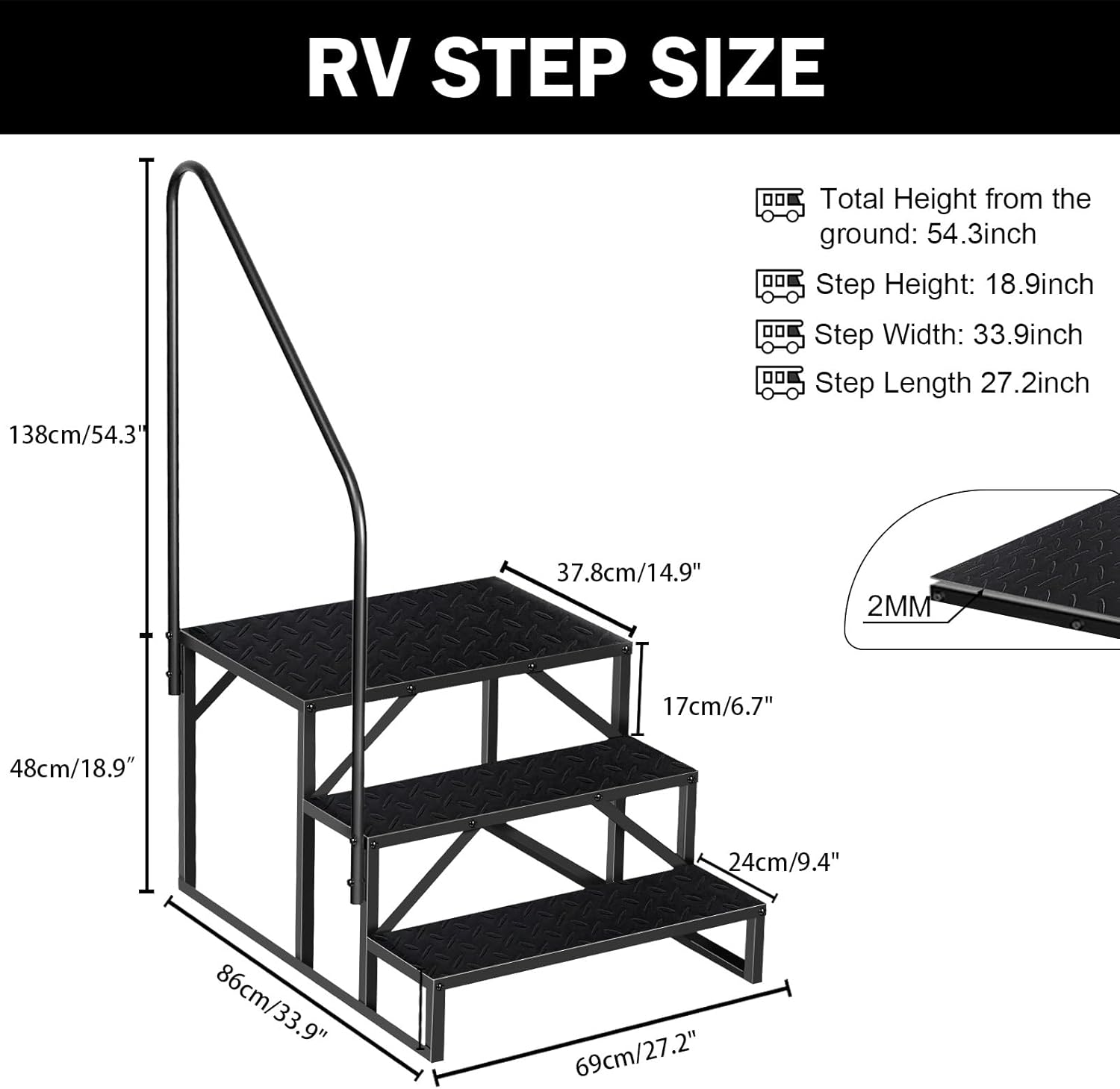 Diagram showing dimensions of the Fruyyzl 3 Step Ladder