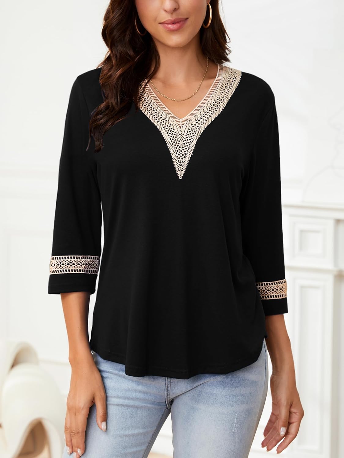 Womens Tops 3/4 Sleeve Shirts Casual Lace V Neck Blouses Loose Fit Dressy Basic T-Shirt - Image 3