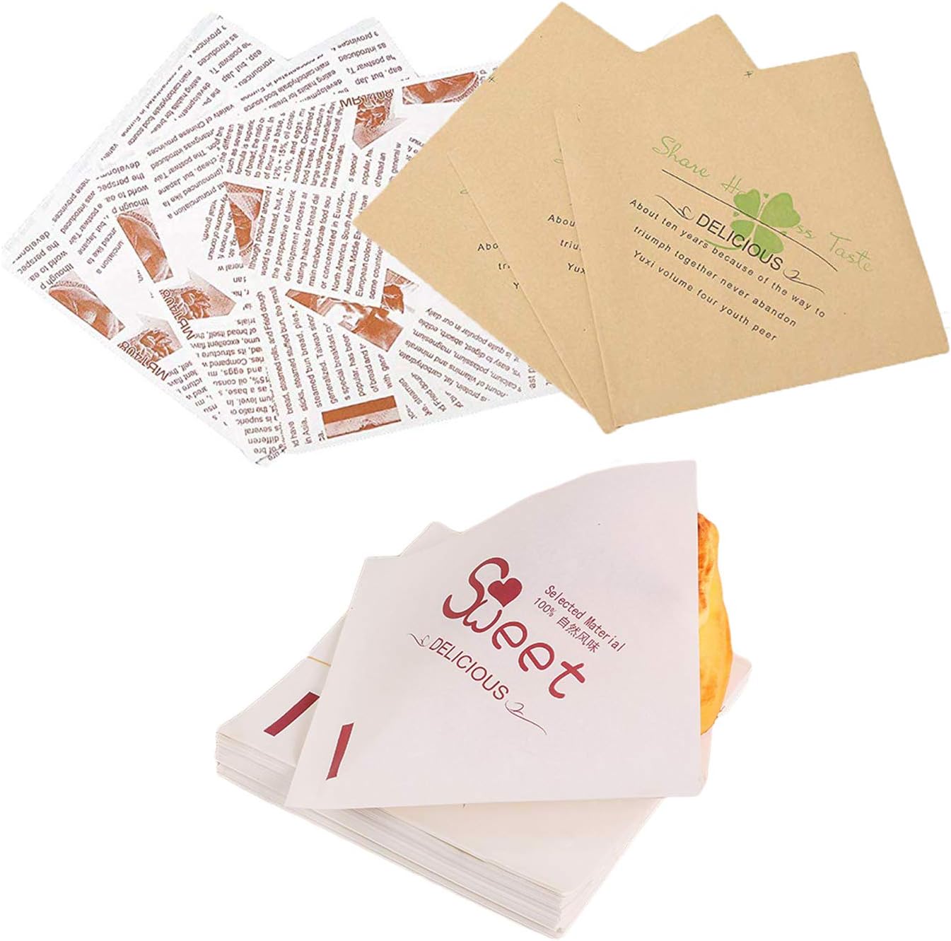 MISAZ 60 Pieces Sandwich Paper Bag, English Newspaper Clover Sweet Kraft Paper Bags Oil-Proof Triangle Sandwich Puff Donut Food Wrapping for Bakery Store Cake Shop