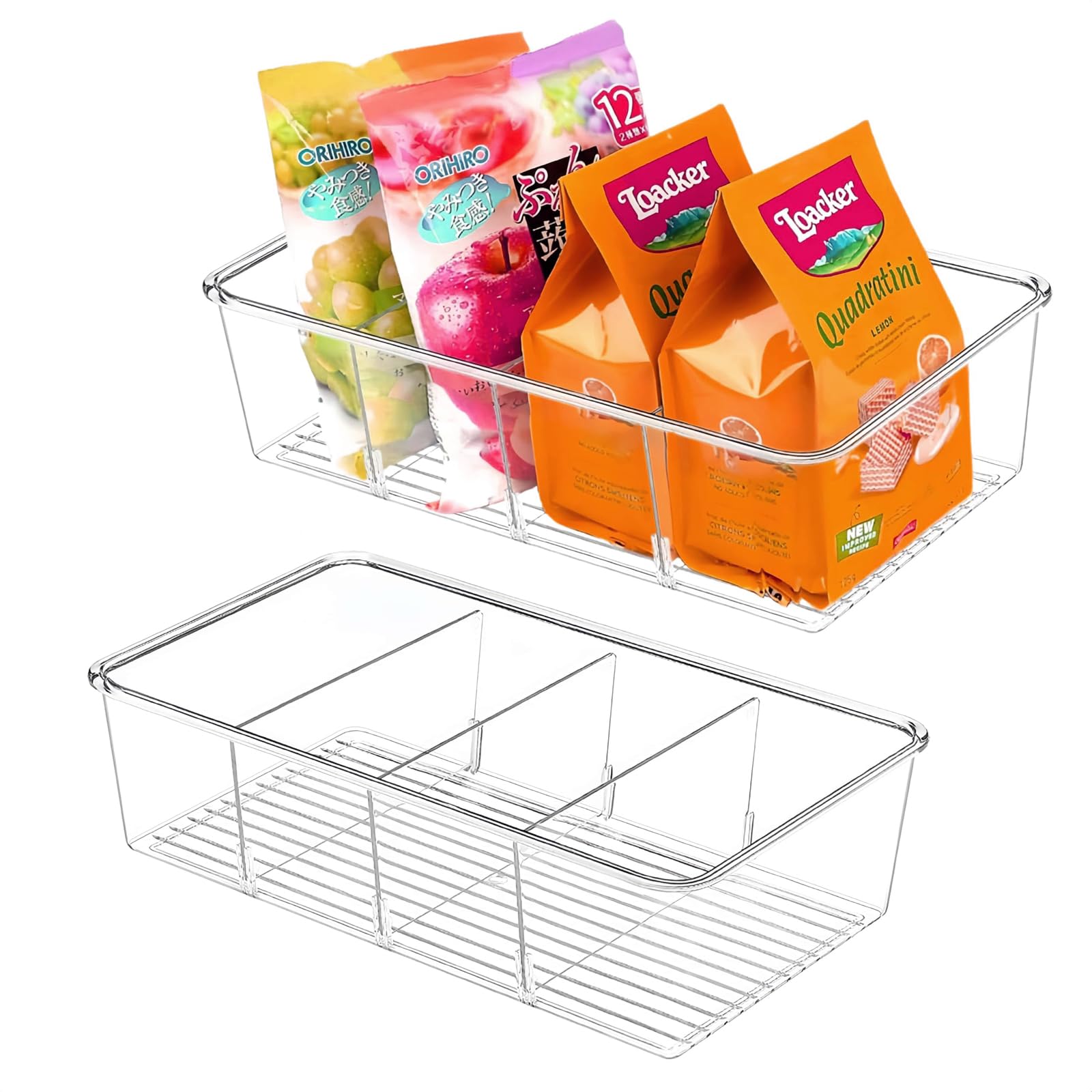 Eidoct Transparent 2 Pack Food Storage Organizer Bins With Removable Divider, Clear Plastic Stackable Container For Pantry, Kitchen, Fridge, 4 Compartment Holder Packets