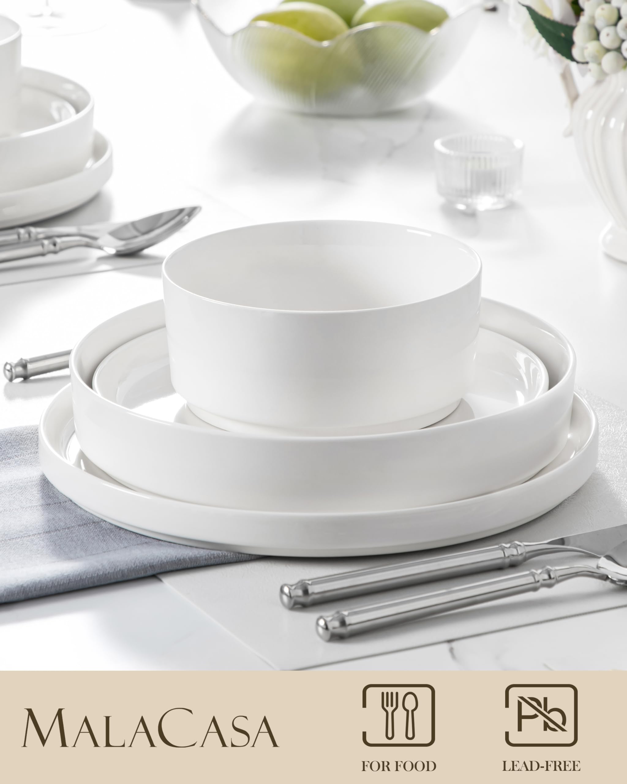 MALACASA Geschirrset 6 Personen, 24-tlg Modernes weißes Porzellan Geschirr Set, Schüssel- und Teller Set inkl. Speiseteller, Frühstücksteller, Suppenteller, Müslischalen, LEAH Tafelservice