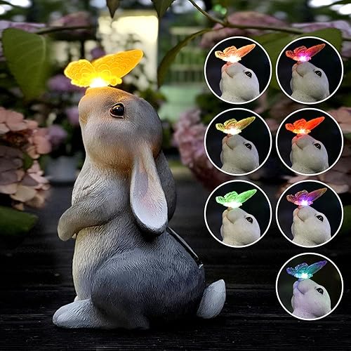 Miniatura 1 de AOLIY Decoración de jardín al aire libre conejo con luz solar de mariposa, estatuas de jardín, decoraciones exteriores para amantes de conejos,