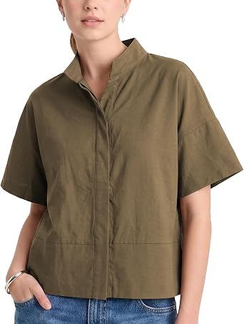 Ainangua Women Casual Button Down Shirts Oversized Short Sleeve Stand Collar Tops Trendy Work Blouses Summer Travel Outfits